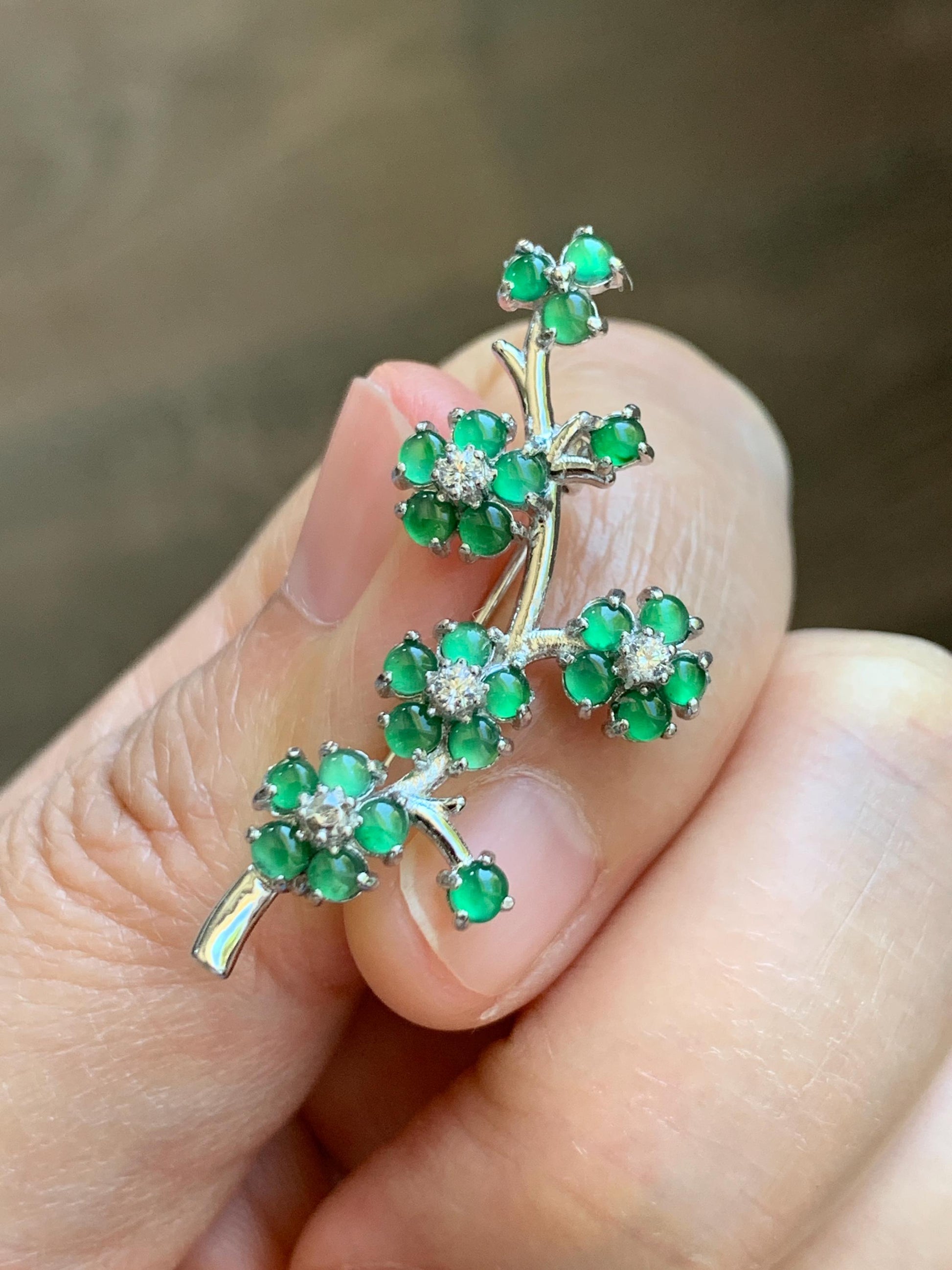 Certified Natural Grade A Guatemalan Icy Translucent Green Jade Jadeite Cherry Blossom Brooch Sterling Silver 3.19g 天然冰危绿翡翠银镶梅花枝胸针 252