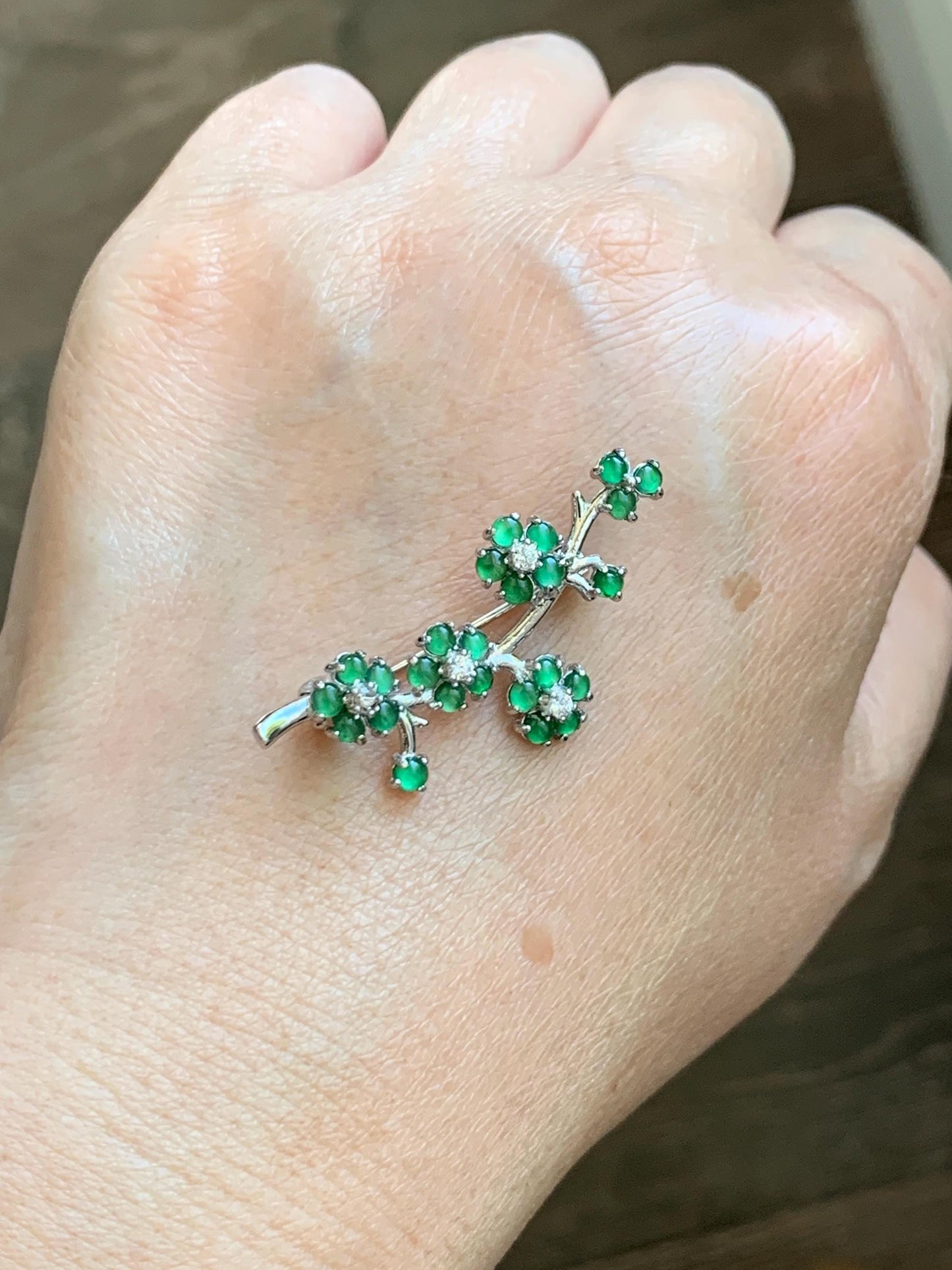 Certified Natural Grade A Guatemalan Icy Translucent Green Jade Jadeite Cherry Blossom Brooch Sterling Silver 3.19g 天然冰危绿翡翠银镶梅花枝胸针 252