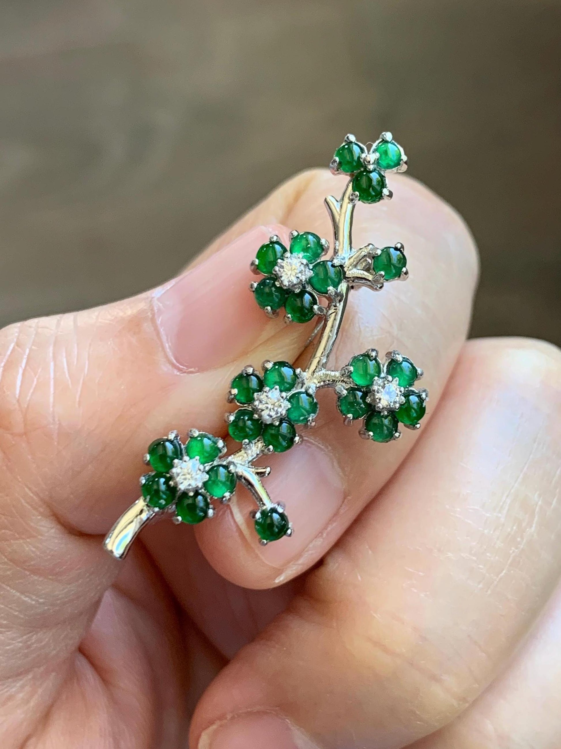 Certified Natural Grade A Guatemalan Icy Translucent Vibrant Green Jade Jadeite Cherry Blossom Brooch Sterling Silver 3.2g 天然冰危绿翡翠银镶梅花枝胸针251