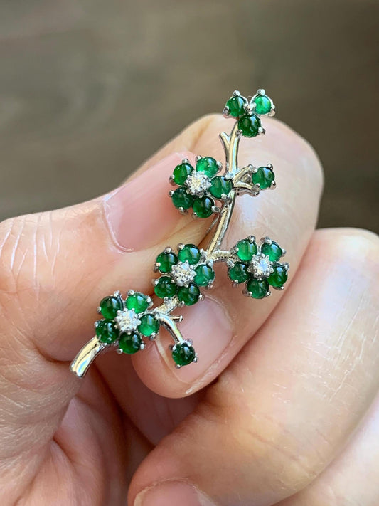 Certified Natural Grade A Guatemalan Icy Translucent Vibrant Green Jade Jadeite Cherry Blossom Brooch Sterling Silver 3.2g 天然冰危绿翡翠银镶梅花枝胸针251