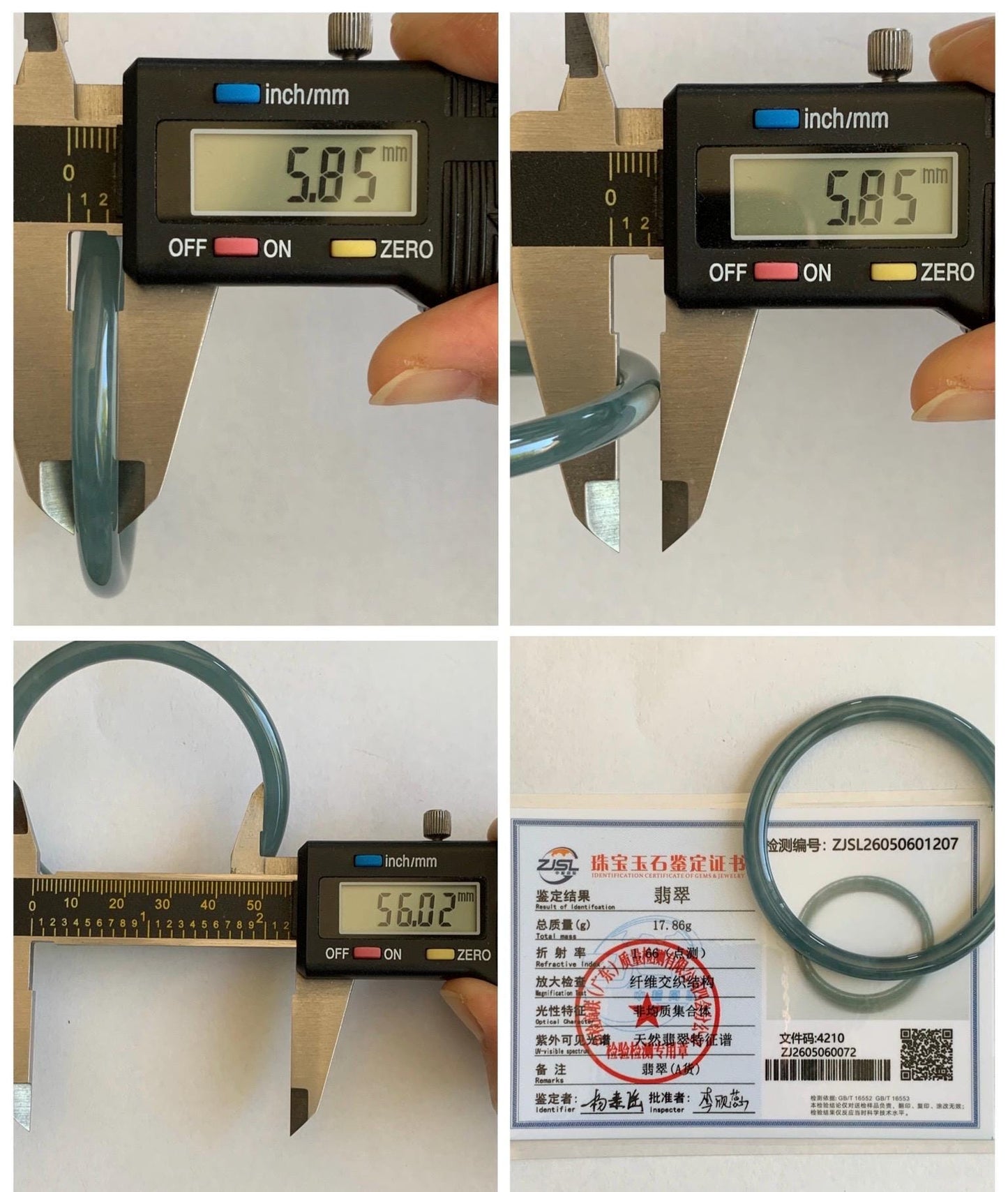 Certified Natural Grade A Guatemalan Icy Translucent Light Dusty Teal Blue Jade Jadeite Slim Bangle 56mm 6.92” 18g 天然冰胶危浅蓝绿翡翠细圆条手镯 1207