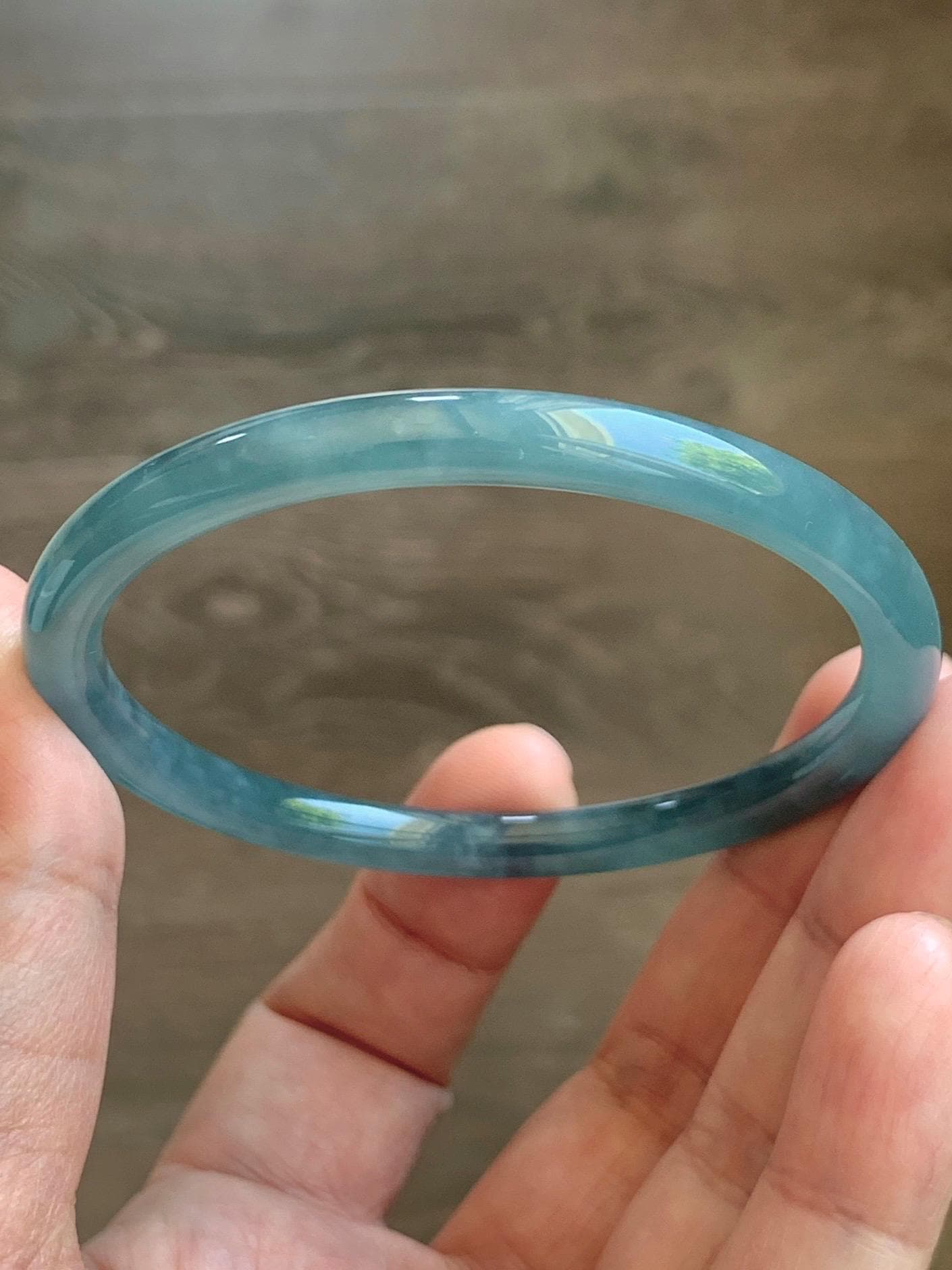 Certified Natural Grade A Guatemalan Icy Translucent Light Dusty Teal Blue Jade Jadeite Slim Bangle 56mm 6.92” 18g 天然冰胶危浅蓝绿翡翠细圆条手镯 1207