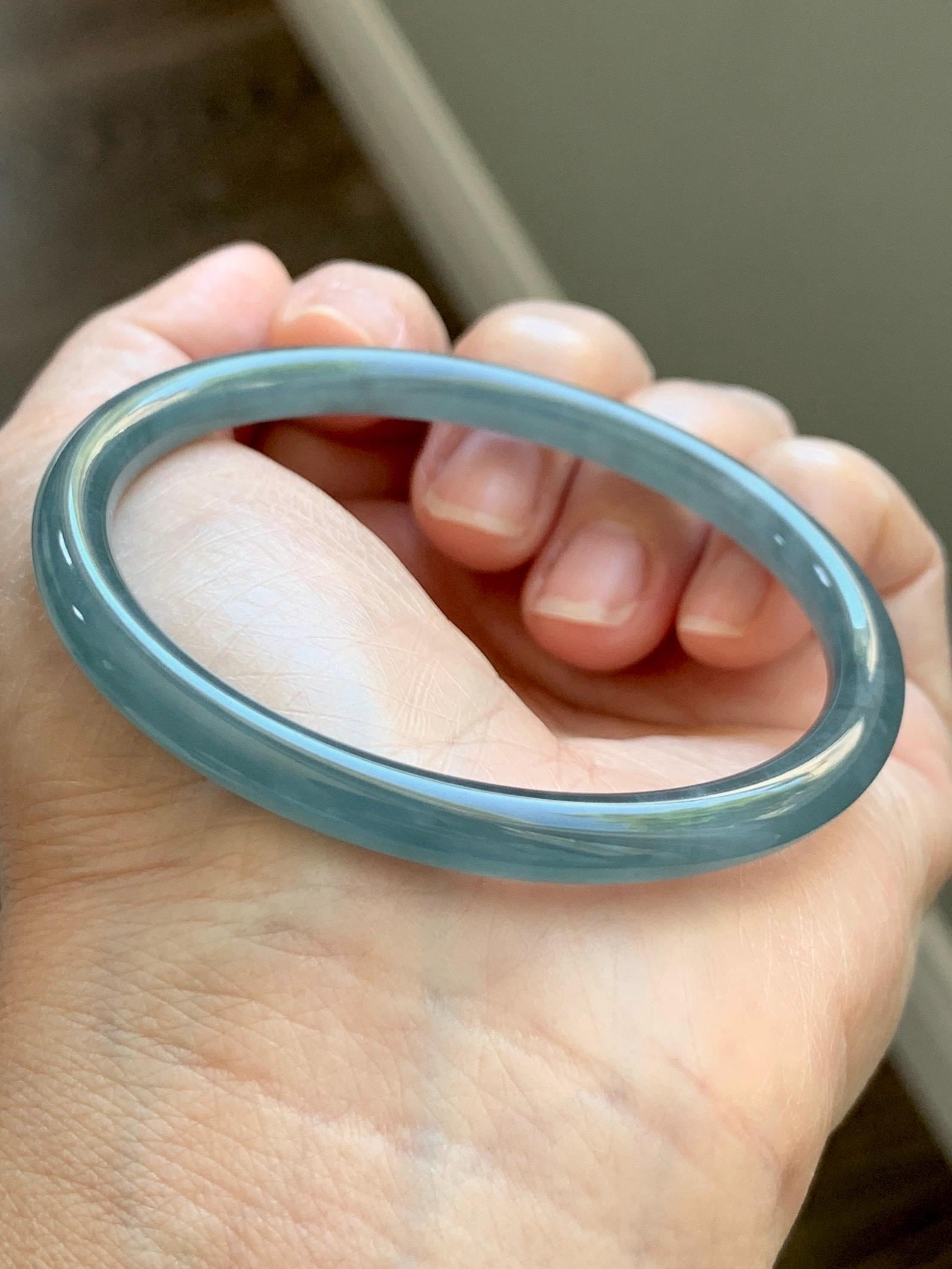 Certified Natural Grade A Guatemalan Icy Translucent Light Dusty Teal Blue Jade Jadeite Slim Bangle 56mm 6.92” 18g 天然冰胶危浅蓝绿翡翠细圆条手镯 1207