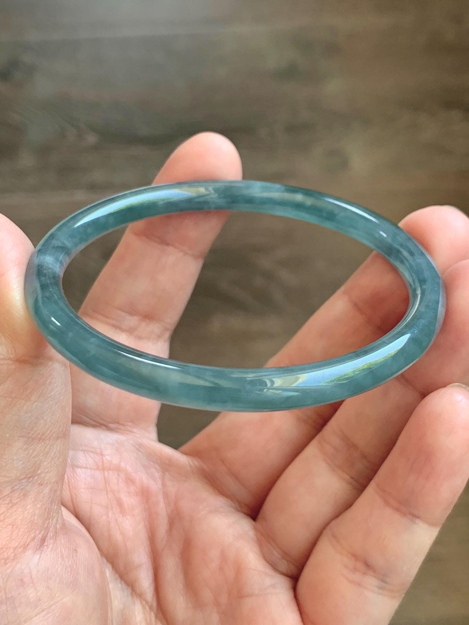 Certified Natural Grade A Guatemalan Icy Translucent Light Dusty Teal Blue Jade Jadeite Slim Bangle 56mm 6.92” 18g 天然冰胶危浅蓝绿翡翠细圆条手镯 1207