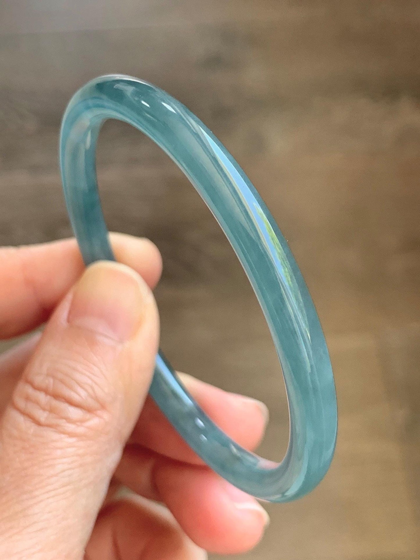 Certified Natural Grade A Guatemalan Icy Translucent Light Dusty Teal Blue Jade Jadeite Slim Bangle 56mm 6.92” 18g 天然冰胶危浅蓝绿翡翠细圆条手镯 1207