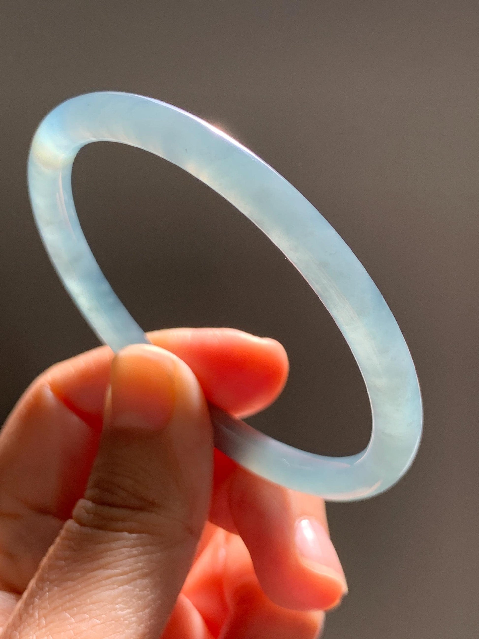 Certified Natural Grade A Guatemalan Icy Translucent Light Dusty Teal Blue Jade Jadeite Slim Bangle 56mm 6.92” 18g 天然冰胶危浅蓝绿翡翠细圆条手镯 1207