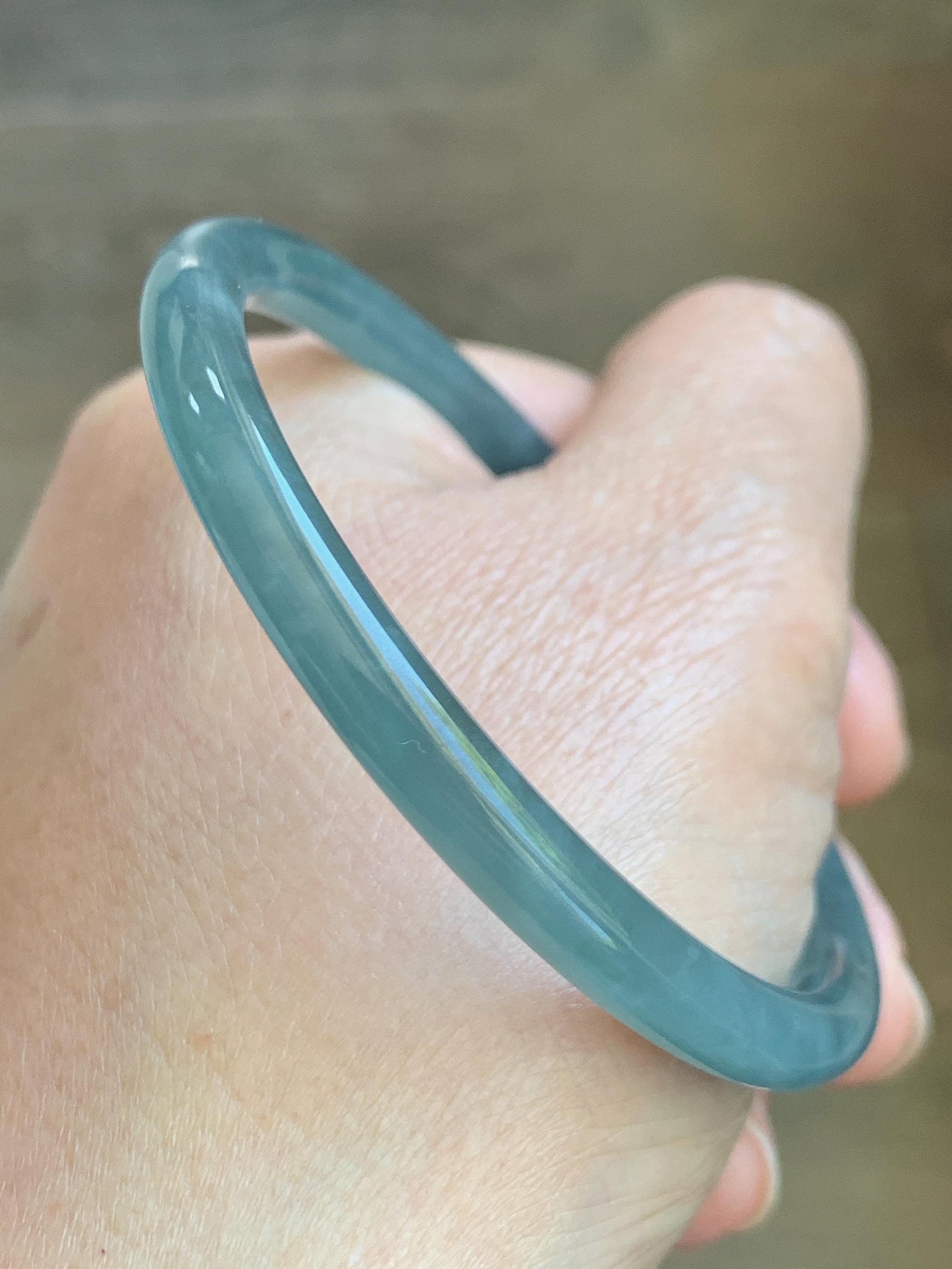 Certified Natural Grade A Guatemalan Icy Translucent Light Dusty Teal Blue Jade Jadeite Slim Bangle 56mm 6.92” 18g 天然冰胶危浅蓝绿翡翠细圆条手镯 1207