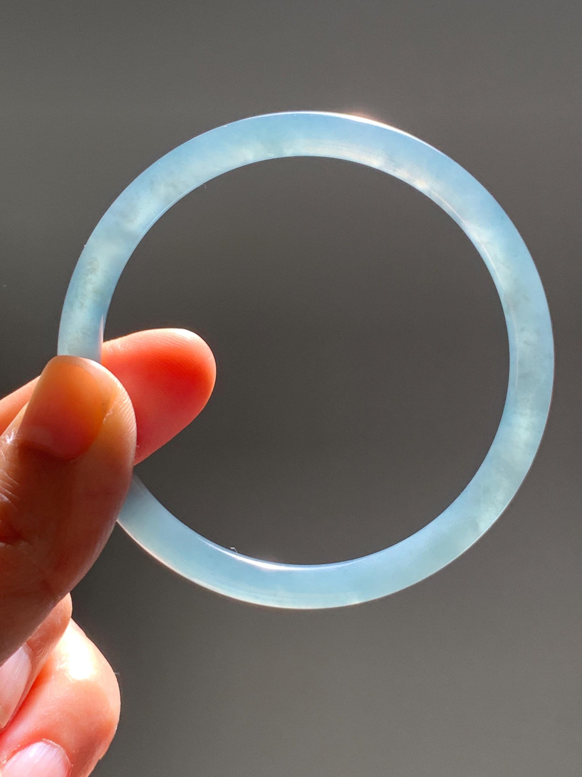 Certified Natural Grade A Guatemalan Icy Translucent Light Dusty Teal Blue Jade Jadeite Slim Bangle 56mm 6.92” 18g 天然冰胶危浅蓝绿翡翠细圆条手镯 1207