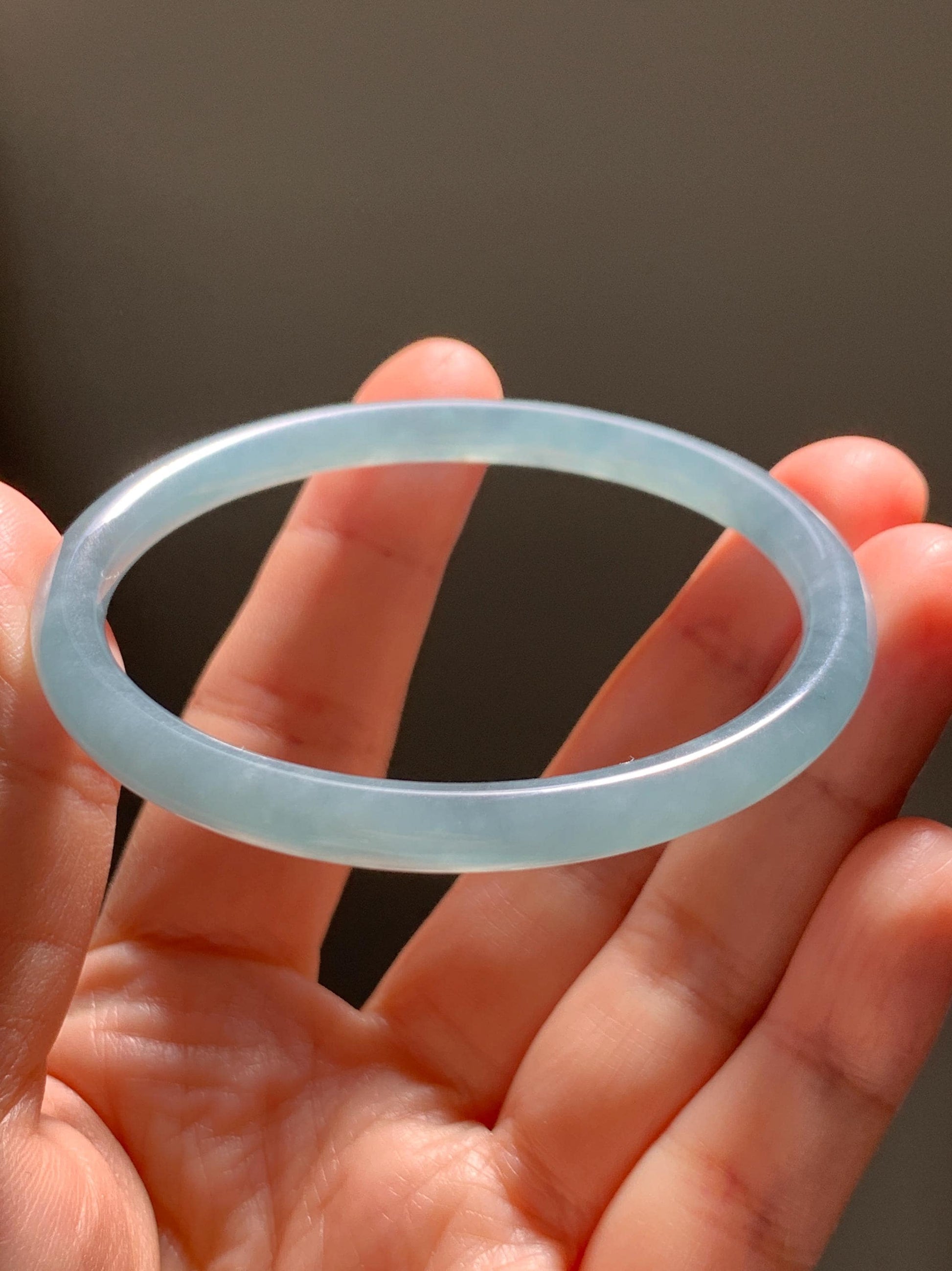 Certified Natural Grade A Guatemalan Icy Translucent Light Dusty Teal Blue Jade Jadeite Slim Bangle 56mm 6.92” 18g 天然冰胶危浅蓝绿翡翠细圆条手镯 1207