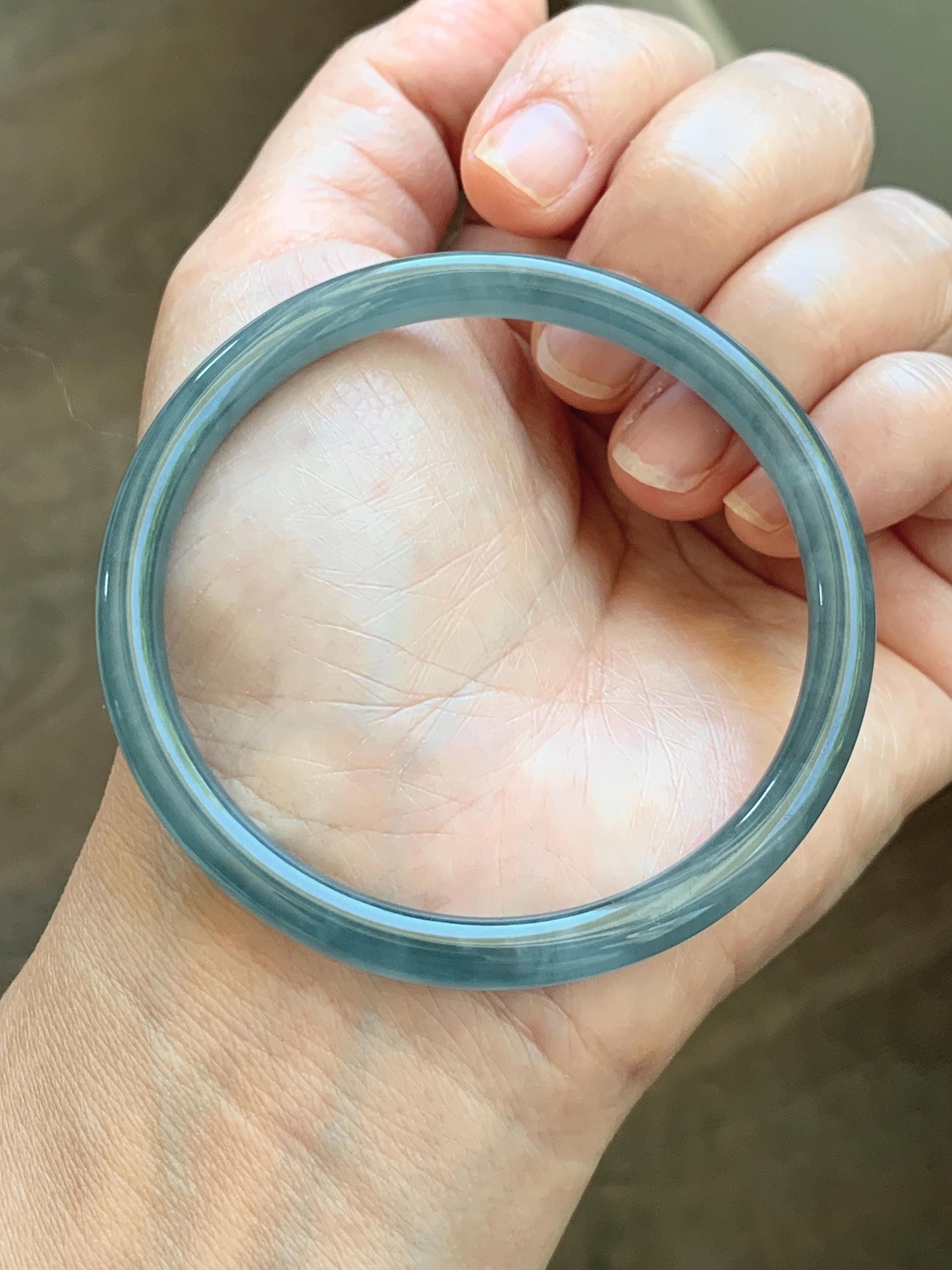 Certified Natural Grade A Guatemalan Icy Translucent Light Dusty Teal Blue Jade Jadeite Slim Bangle 56mm 6.92” 18g 天然冰胶危浅蓝绿翡翠细圆条手镯 1207