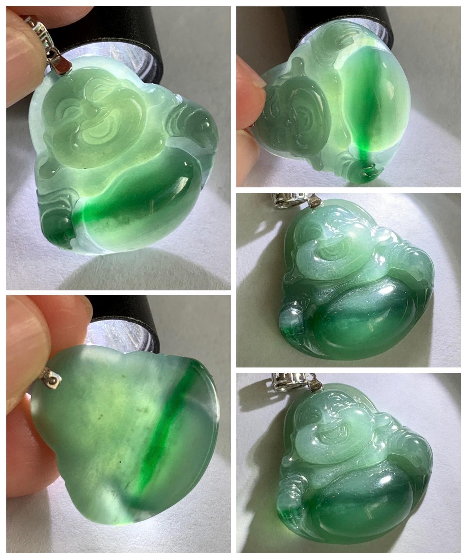 Natural Grade A Guatemalan Icy Translucent Dark Dusty Teal Green Marbled Jade Jadeite Buddha Pendant Sterling Silver 天然冰危深蓝绿翡翠佛公吊坠 WFG140B