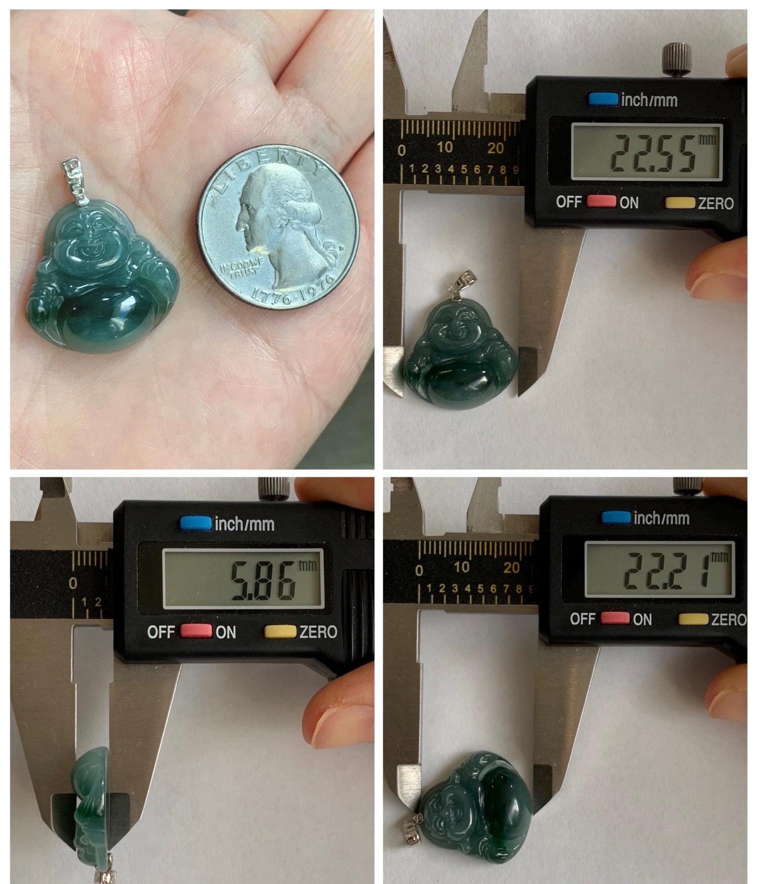 Natural Grade A Guatemalan Icy Translucent Dark Dusty Teal Green Marbled Jade Jadeite Buddha Pendant Sterling Silver 天然冰危深蓝绿翡翠佛公吊坠 WFG140B