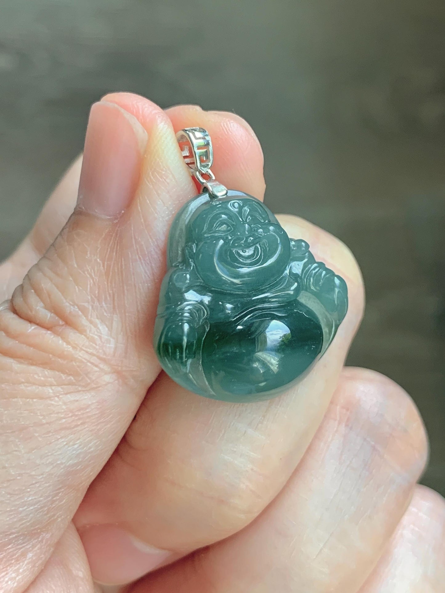 Natural Grade A Guatemalan Icy Translucent Dark Dusty Teal Green Marbled Jade Jadeite Buddha Pendant Sterling Silver 天然冰危深蓝绿翡翠佛公吊坠 WFG140B