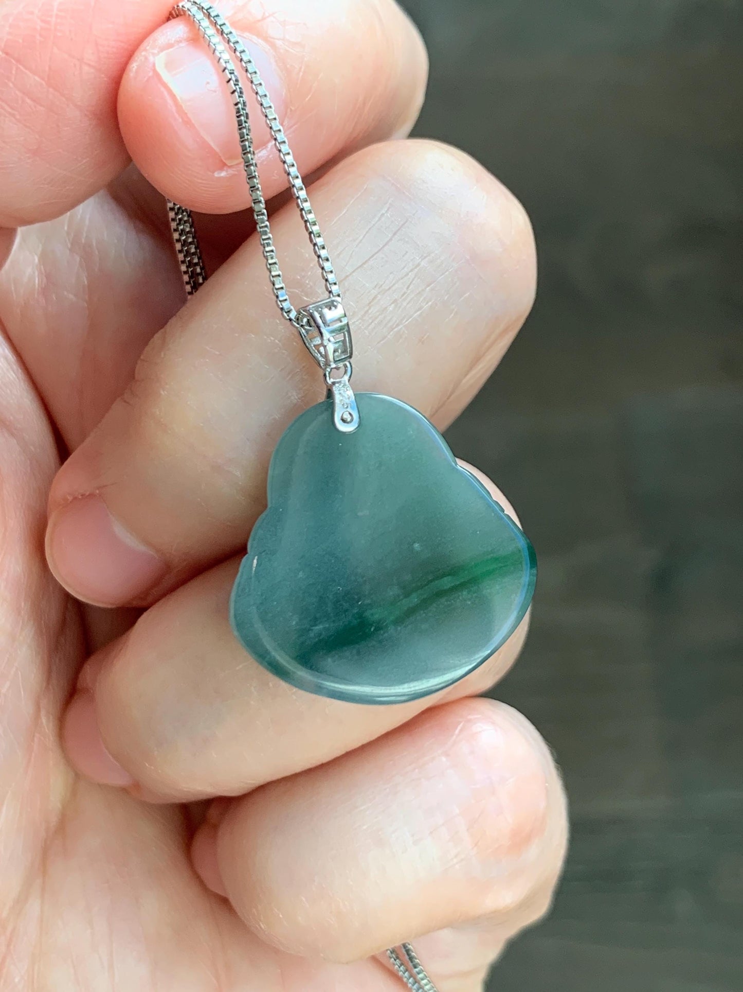 Natural Grade A Guatemalan Icy Translucent Dark Dusty Teal Green Marbled Jade Jadeite Buddha Pendant Sterling Silver 天然冰危深蓝绿翡翠佛公吊坠 WFG140B