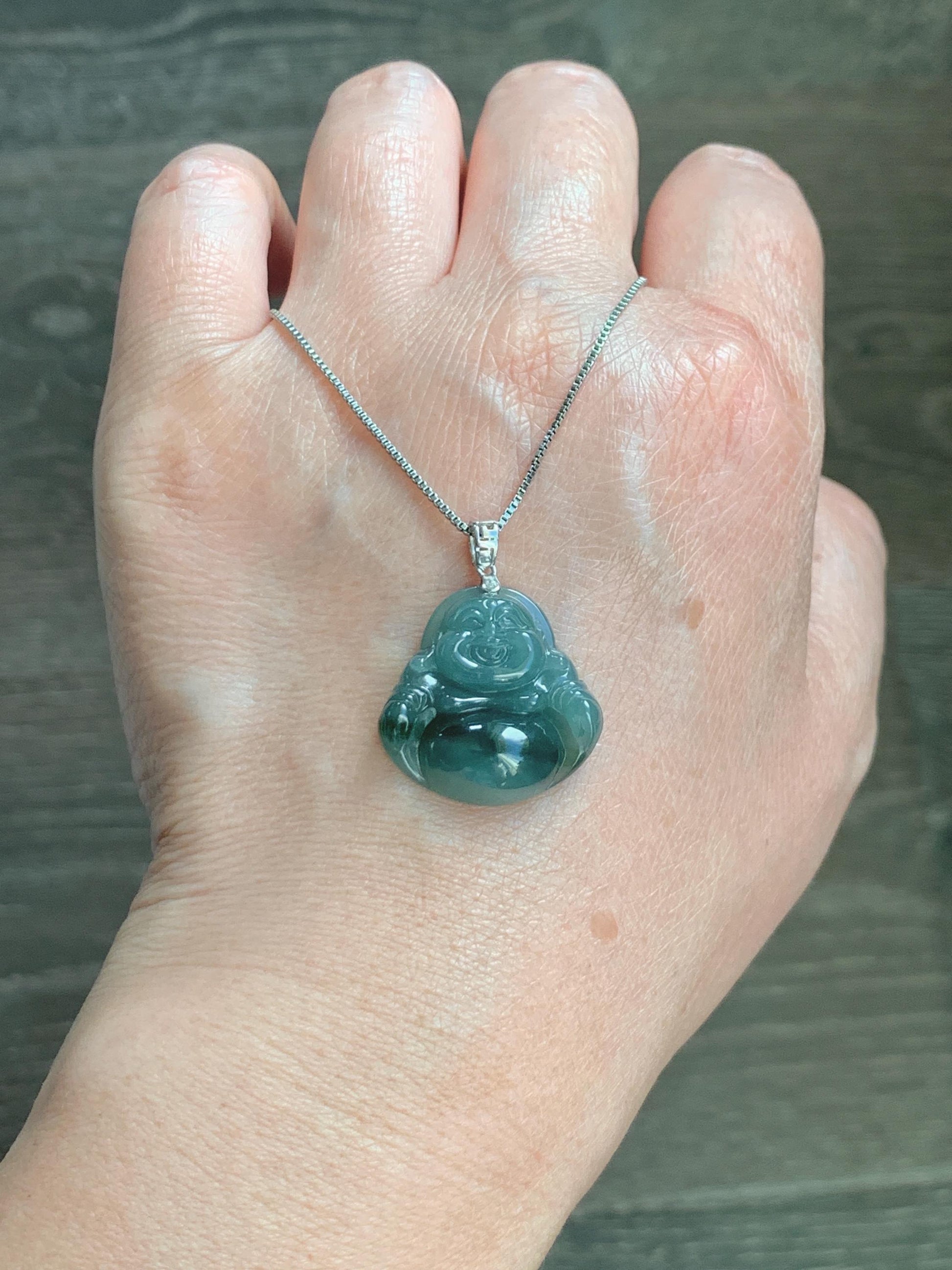 Natural Grade A Guatemalan Icy Translucent Dark Dusty Teal Green Marbled Jade Jadeite Buddha Pendant Sterling Silver 天然冰危深蓝绿翡翠佛公吊坠 WFG140B