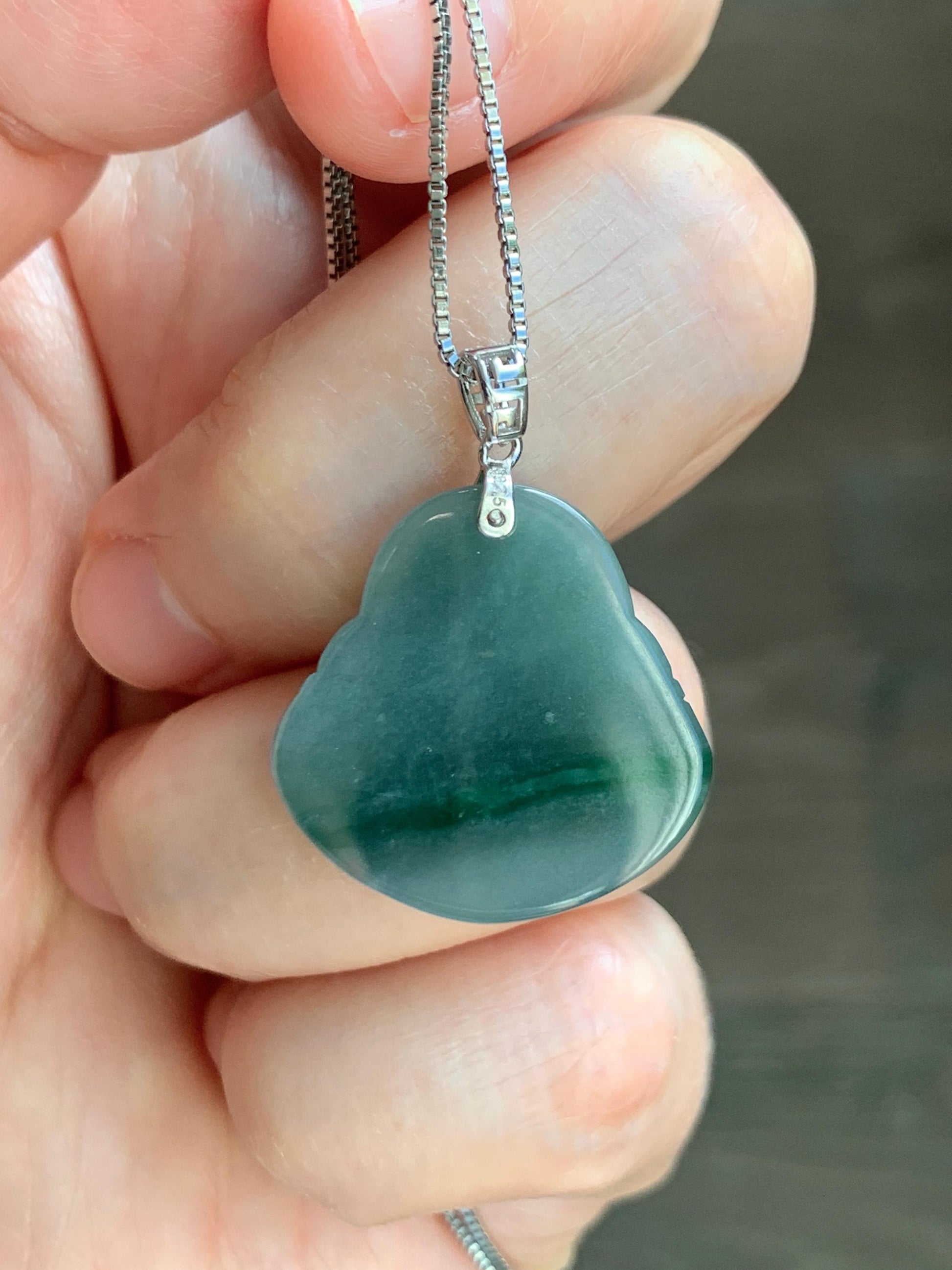 Natural Grade A Guatemalan Icy Translucent Dark Dusty Teal Green Marbled Jade Jadeite Buddha Pendant Sterling Silver 天然冰危深蓝绿翡翠佛公吊坠 WFG140B