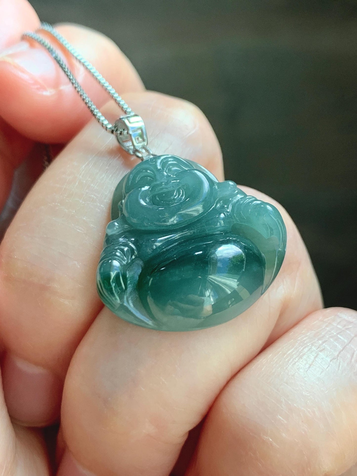 Natural Grade A Guatemalan Icy Translucent Dark Dusty Teal Green Marbled Jade Jadeite Buddha Pendant Sterling Silver 天然冰危深蓝绿翡翠佛公吊坠 WFG140B