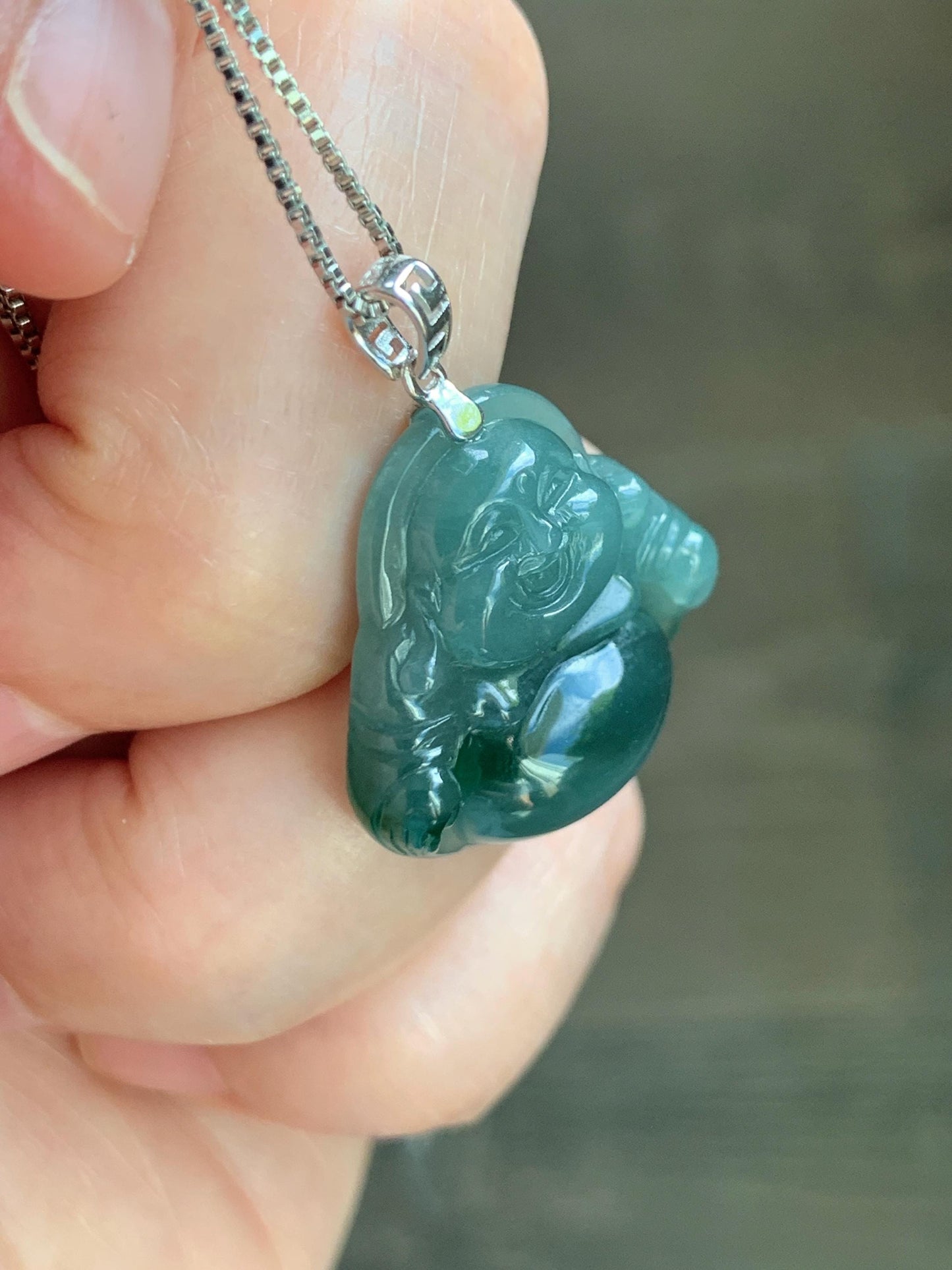 Natural Grade A Guatemalan Icy Translucent Dark Dusty Teal Green Marbled Jade Jadeite Buddha Pendant Sterling Silver 天然冰危深蓝绿翡翠佛公吊坠 WFG140B