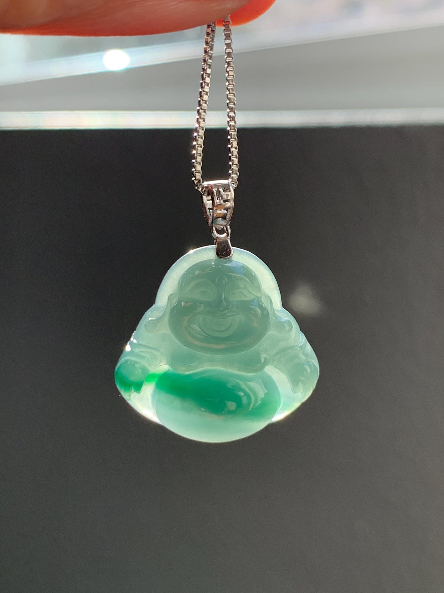 Natural Grade A Guatemalan Icy Translucent Dark Dusty Teal Green Marbled Jade Jadeite Buddha Pendant Sterling Silver 天然冰危深蓝绿翡翠佛公吊坠 WFG140B