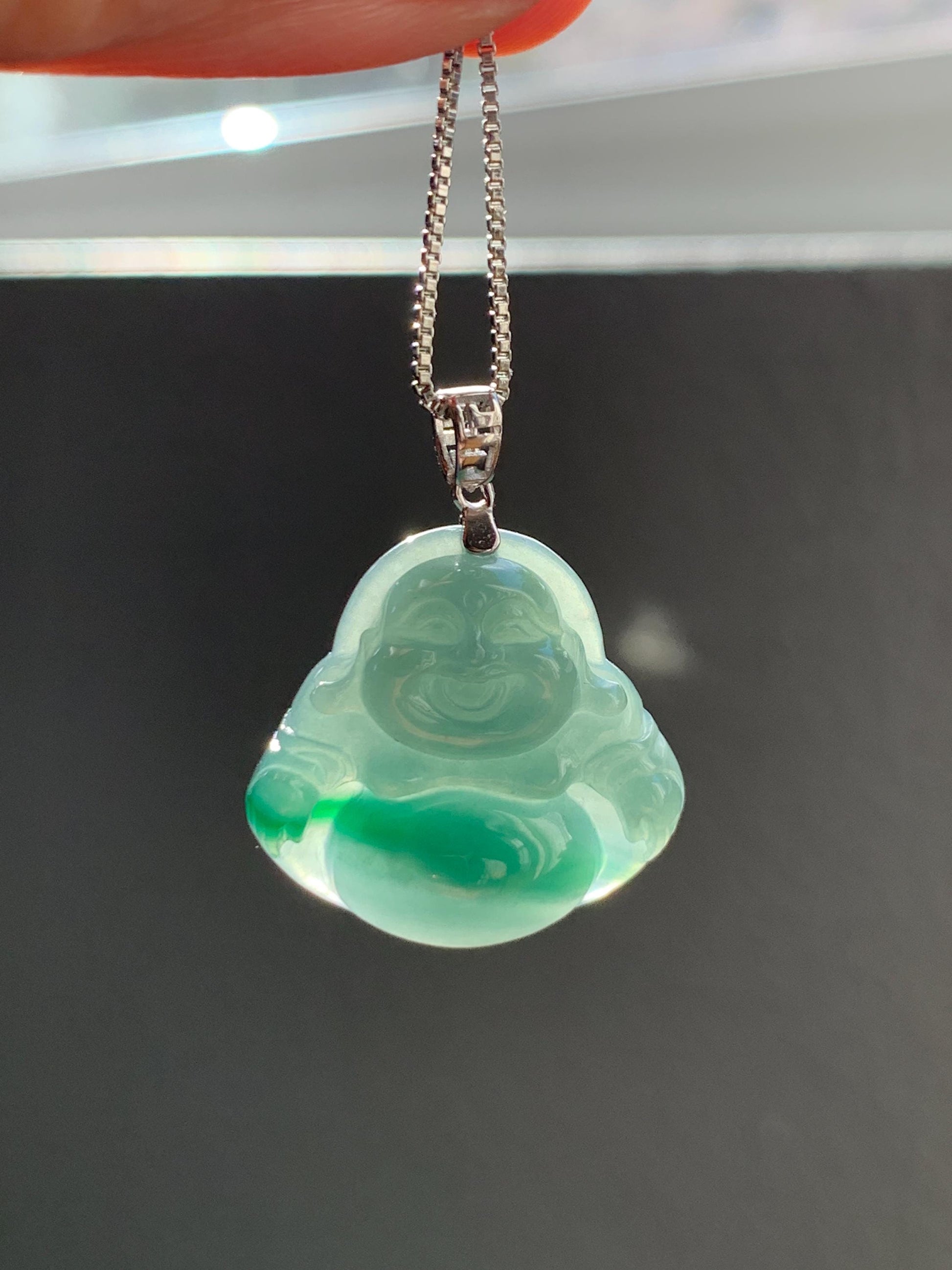 Natural Grade A Guatemalan Icy Translucent Dark Dusty Teal Green Marbled Jade Jadeite Buddha Pendant Sterling Silver 天然冰危深蓝绿翡翠佛公吊坠 WFG140B