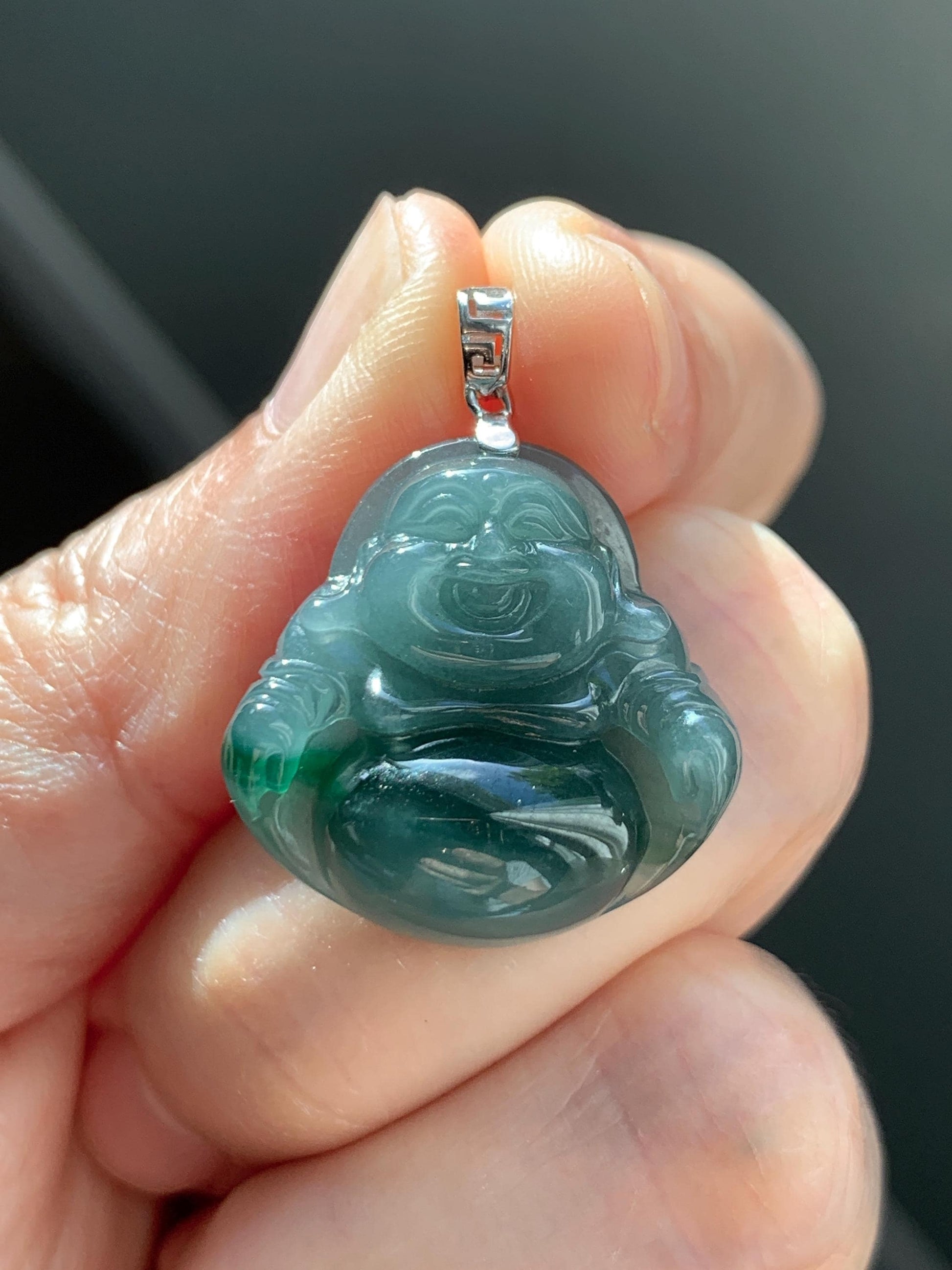 Natural Grade A Guatemalan Icy Translucent Dark Dusty Teal Green Marbled Jade Jadeite Buddha Pendant Sterling Silver 天然冰危深蓝绿翡翠佛公吊坠 WFG140B