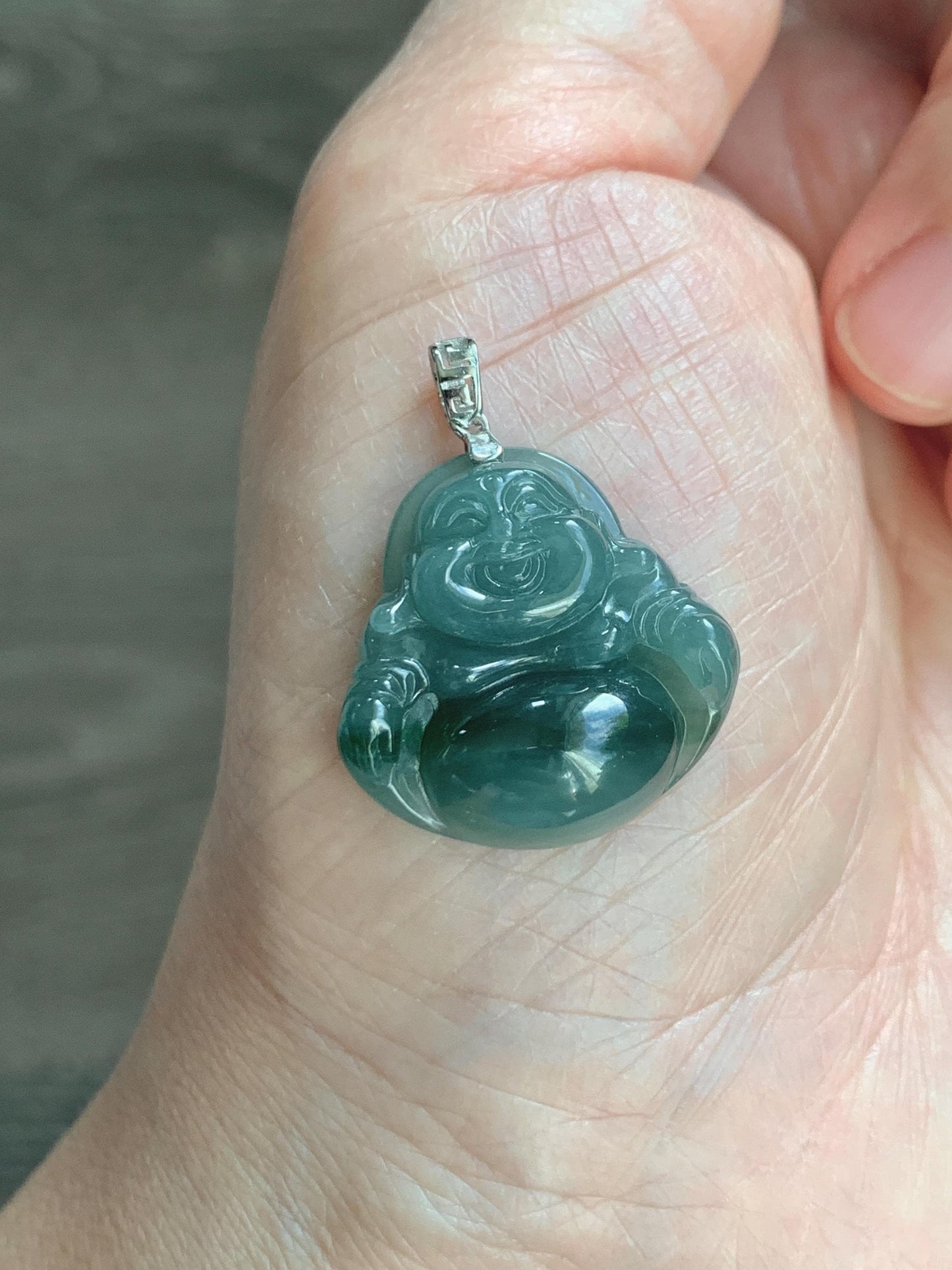 Natural Grade A Guatemalan Icy Translucent Dark Dusty Teal Green Marbled Jade Jadeite Buddha Pendant Sterling Silver 天然冰危深蓝绿翡翠佛公吊坠 WFG140B