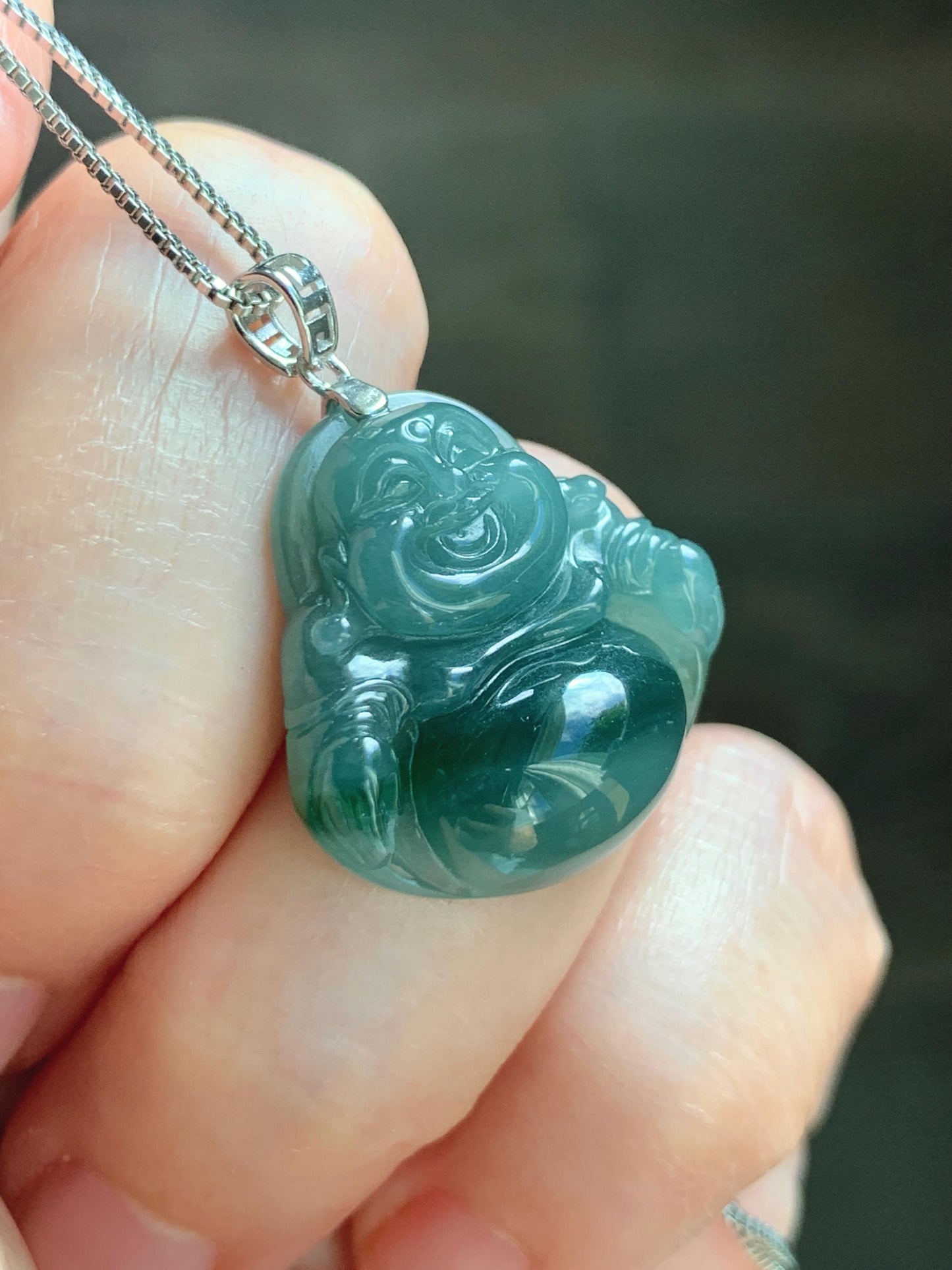 Natural Grade A Guatemalan Icy Translucent Dark Dusty Teal Green Marbled Jade Jadeite Buddha Pendant Sterling Silver 天然冰危深蓝绿翡翠佛公吊坠 WFG140B