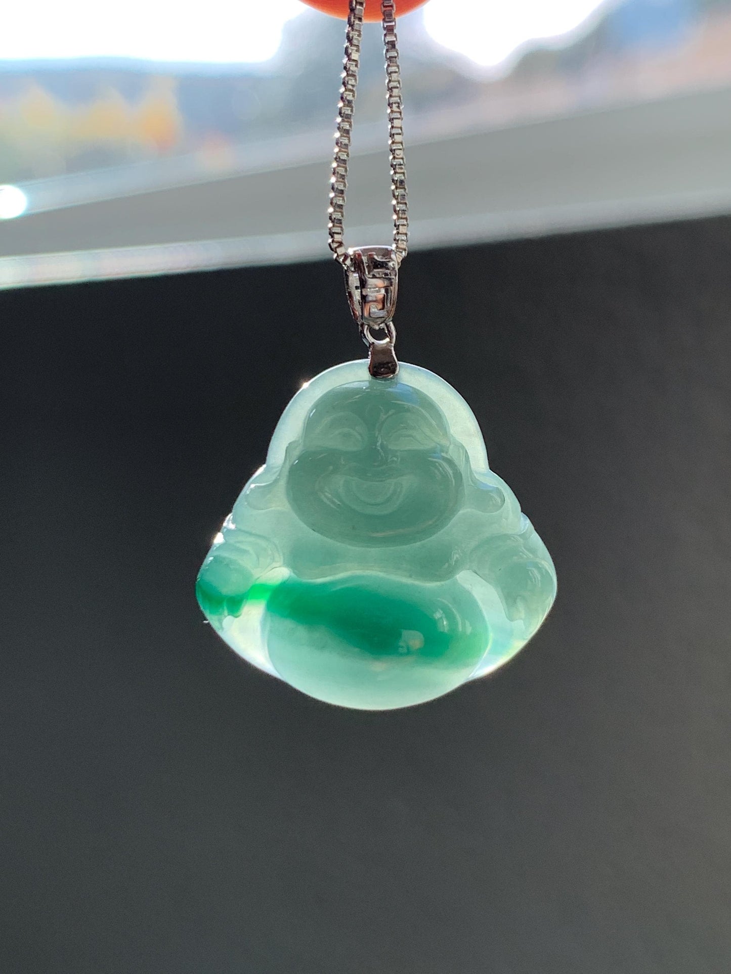Natural Grade A Guatemalan Icy Translucent Dark Dusty Teal Green Marbled Jade Jadeite Buddha Pendant Sterling Silver 天然冰危深蓝绿翡翠佛公吊坠 WFG140B
