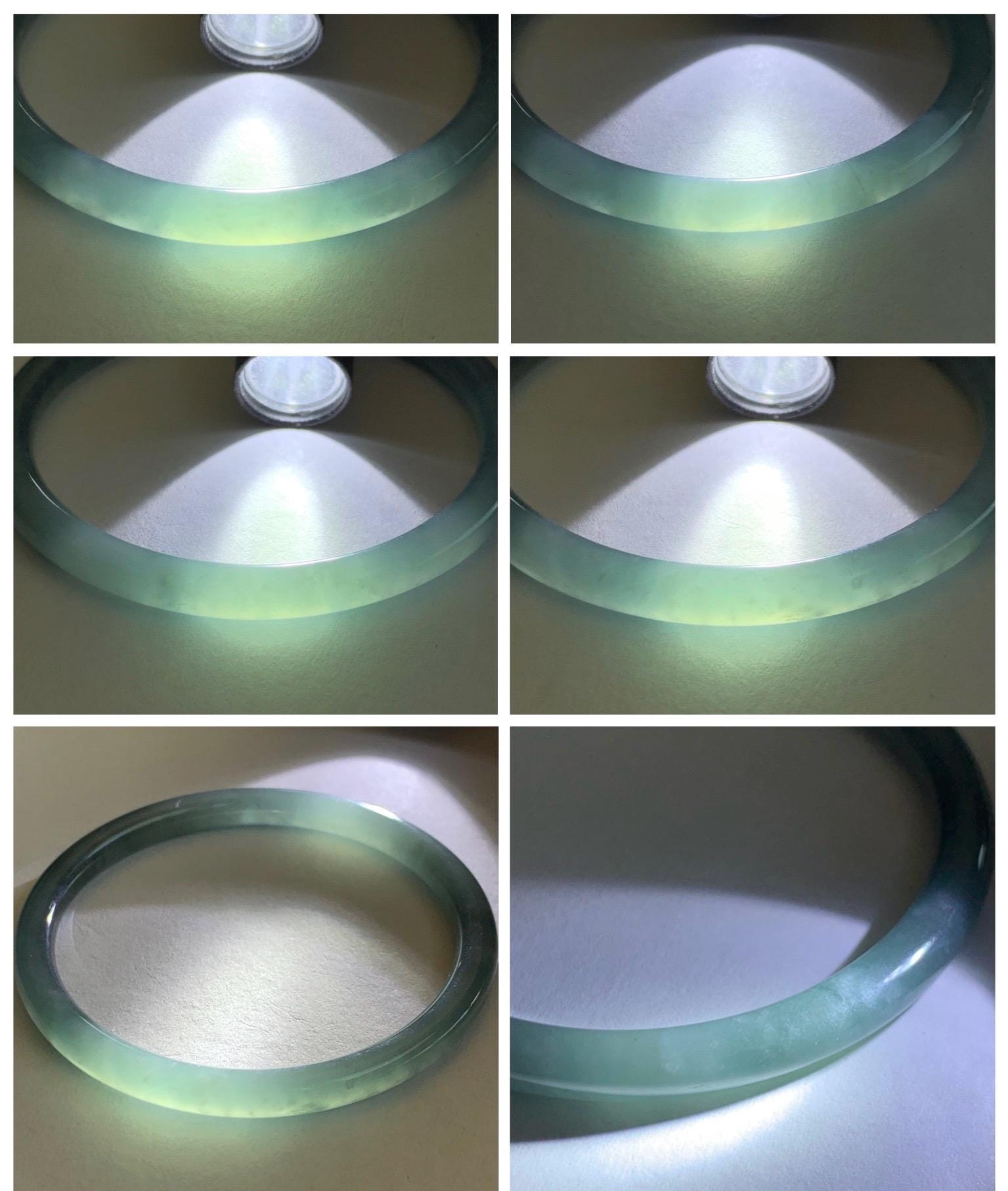 Certified Natural Grade A Guatemalan Icy Translucent Light Dusty Teal Blue Jade Jadeite Slim Bangle 55.88mm 6.9” 17.3g 天然冰胶危浅蓝绿翡翠细圆条手镯 1209