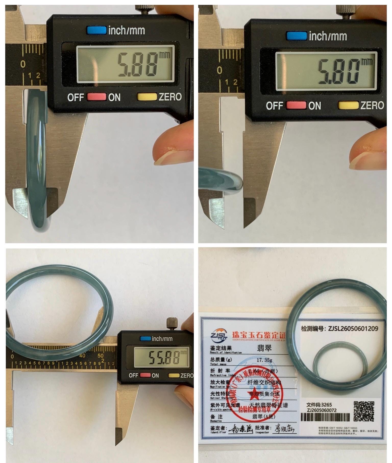 Certified Natural Grade A Guatemalan Icy Translucent Light Dusty Teal Blue Jade Jadeite Slim Bangle 55.88mm 6.9” 17.3g 天然冰胶危浅蓝绿翡翠细圆条手镯 1209