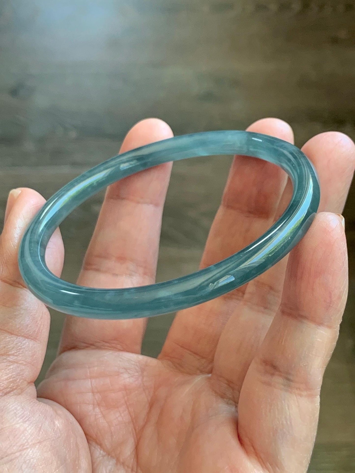 Certified Natural Grade A Guatemalan Icy Translucent Light Dusty Teal Blue Jade Jadeite Slim Bangle 55.88mm 6.9” 17.3g 天然冰胶危浅蓝绿翡翠细圆条手镯 1209
