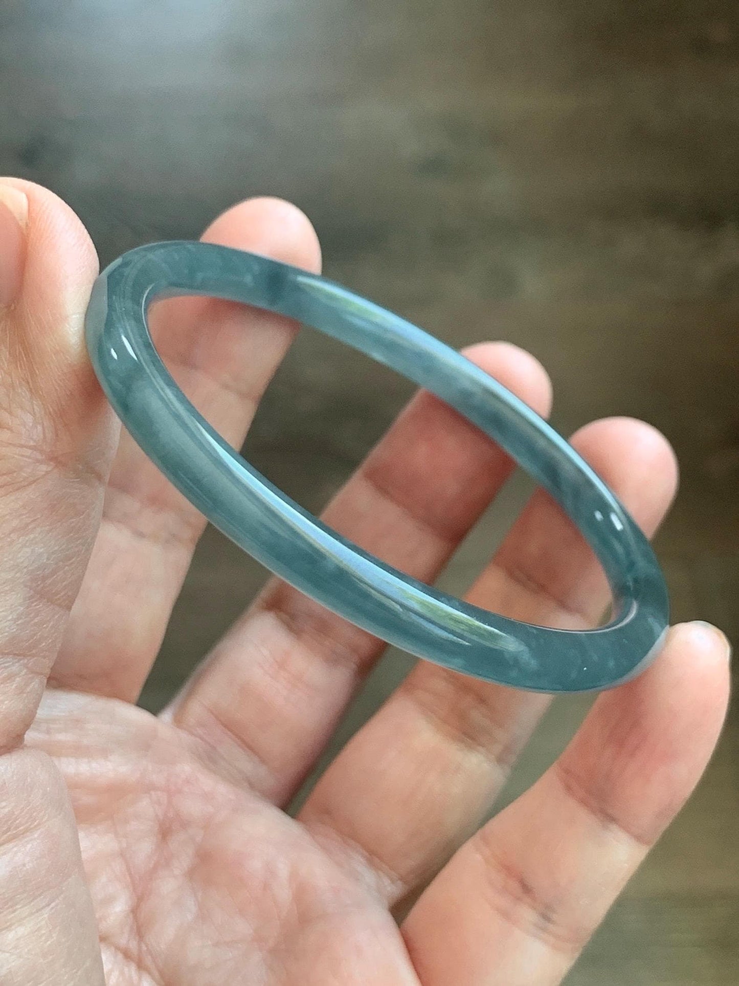 Certified Natural Grade A Guatemalan Icy Translucent Light Dusty Teal Blue Jade Jadeite Slim Bangle 55.88mm 6.9” 17.3g 天然冰胶危浅蓝绿翡翠细圆条手镯 1209