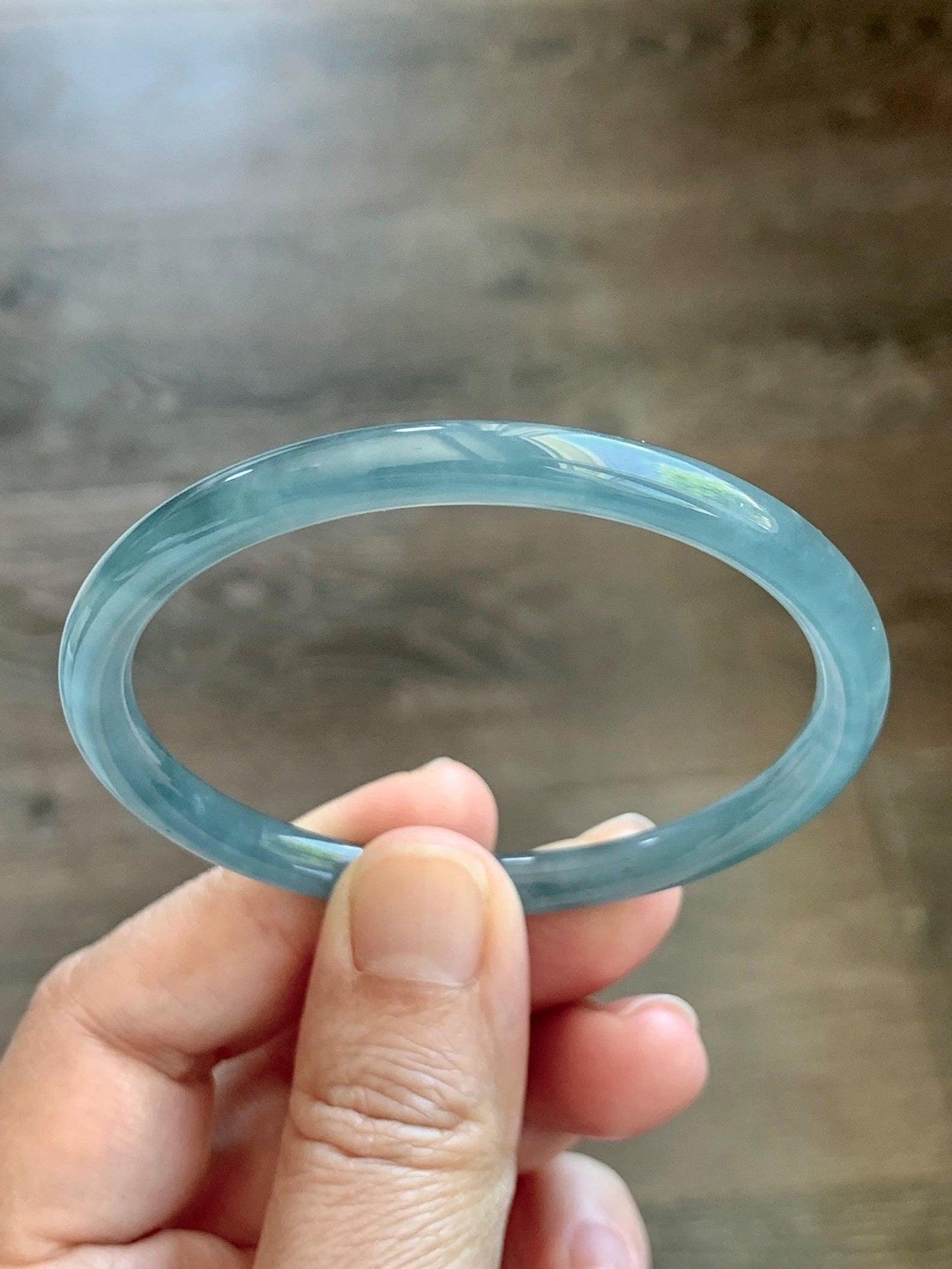 Certified Natural Grade A Guatemalan Icy Translucent Light Dusty Teal Blue Jade Jadeite Slim Bangle 55.88mm 6.9” 17.3g 天然冰胶危浅蓝绿翡翠细圆条手镯 1209
