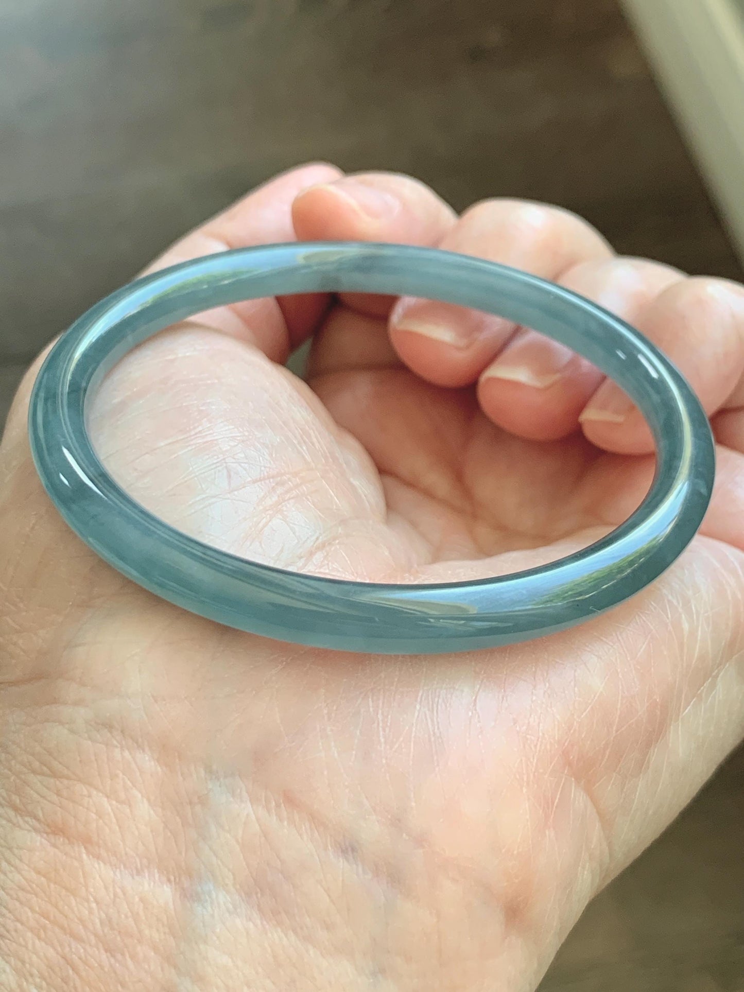 Certified Natural Grade A Guatemalan Icy Translucent Light Dusty Teal Blue Jade Jadeite Slim Bangle 55.88mm 6.9” 17.3g 天然冰胶危浅蓝绿翡翠细圆条手镯 1209