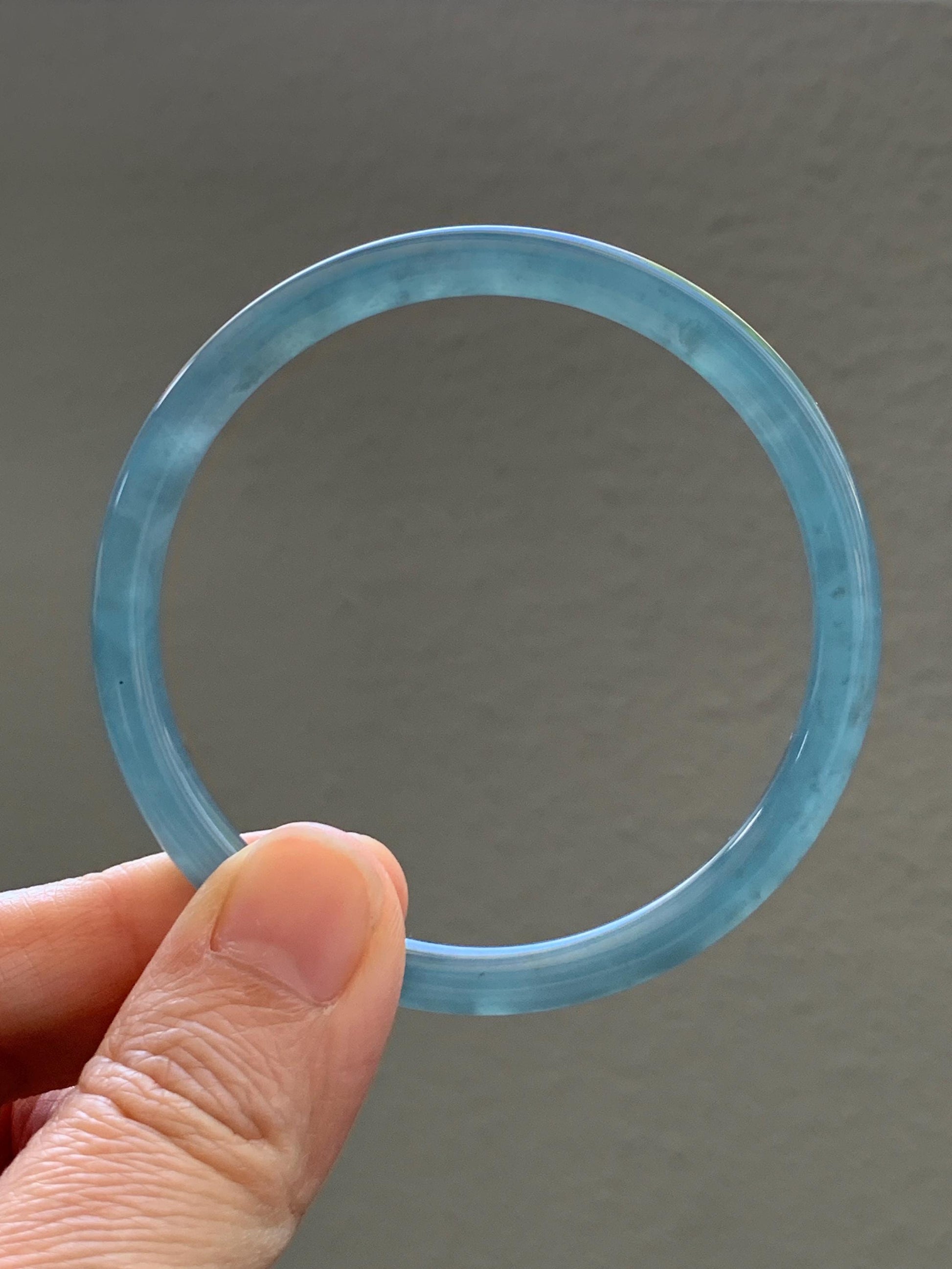 Certified Natural Grade A Guatemalan Icy Translucent Light Dusty Teal Blue Jade Jadeite Slim Bangle 55.88mm 6.9” 17.3g 天然冰胶危浅蓝绿翡翠细圆条手镯 1209