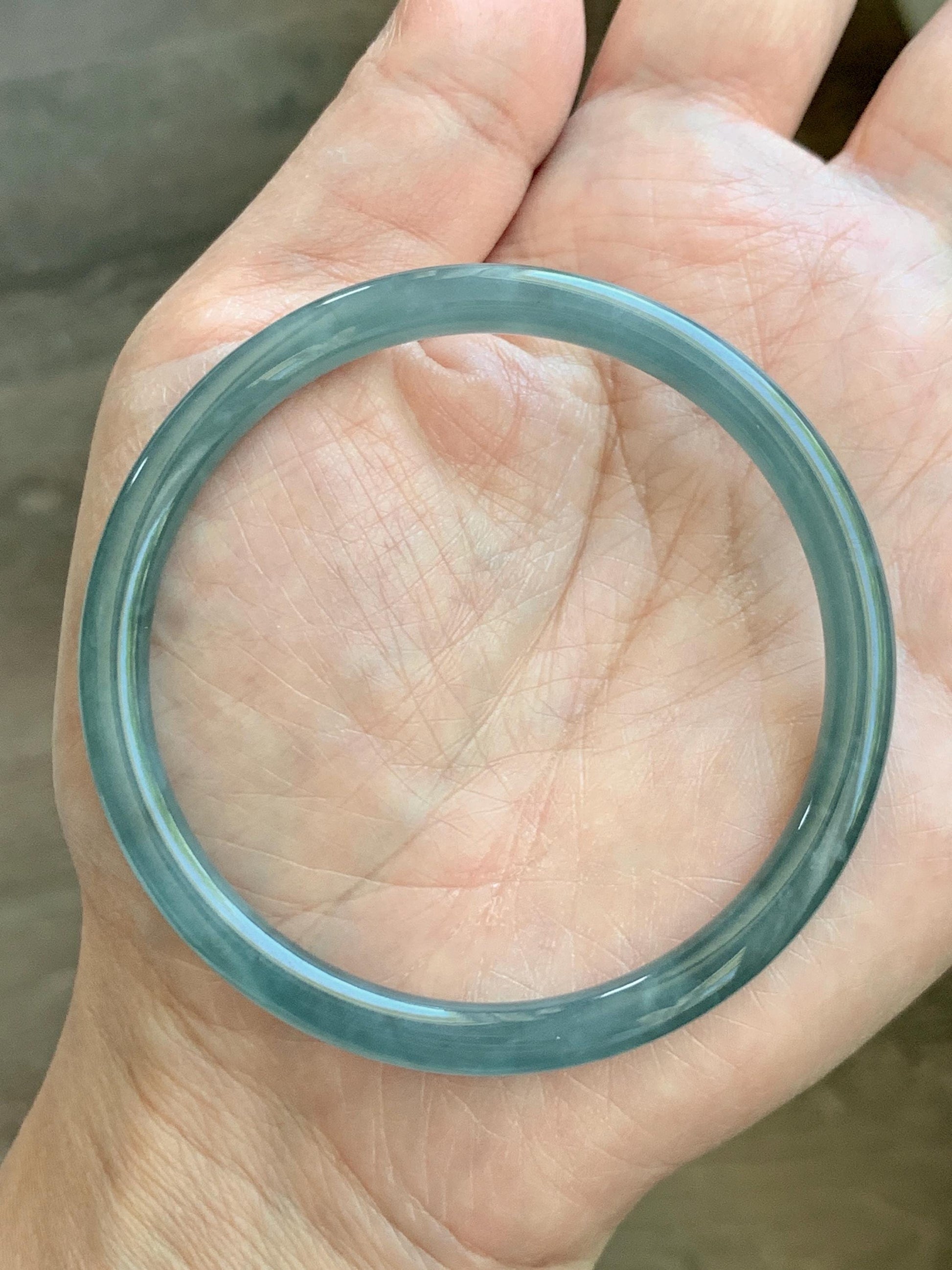 Certified Natural Grade A Guatemalan Icy Translucent Light Dusty Teal Blue Jade Jadeite Slim Bangle 55.88mm 6.9” 17.3g 天然冰胶危浅蓝绿翡翠细圆条手镯 1209