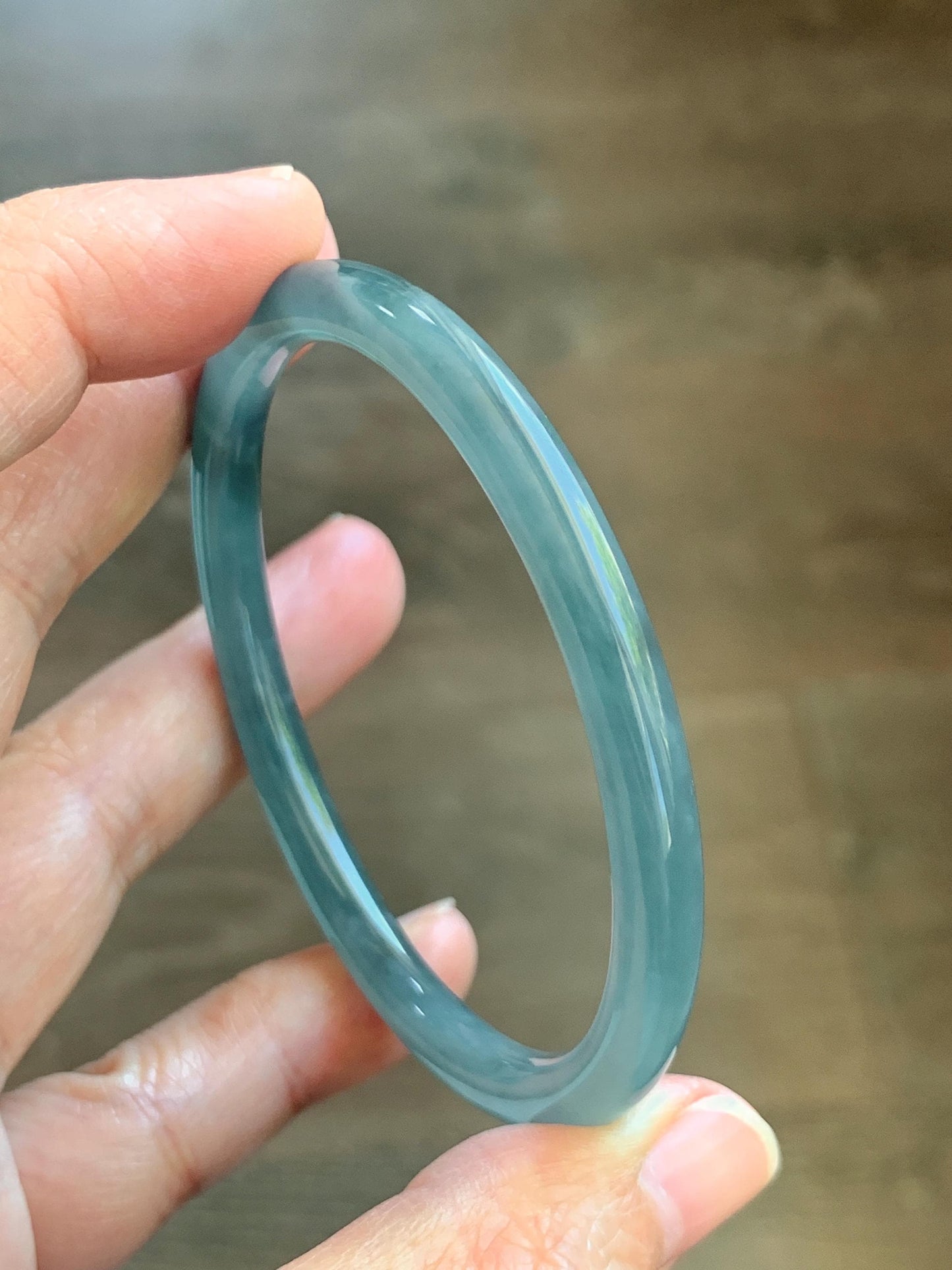 Certified Natural Grade A Guatemalan Icy Translucent Light Dusty Teal Blue Jade Jadeite Slim Bangle 55.88mm 6.9” 17.3g 天然冰胶危浅蓝绿翡翠细圆条手镯 1209