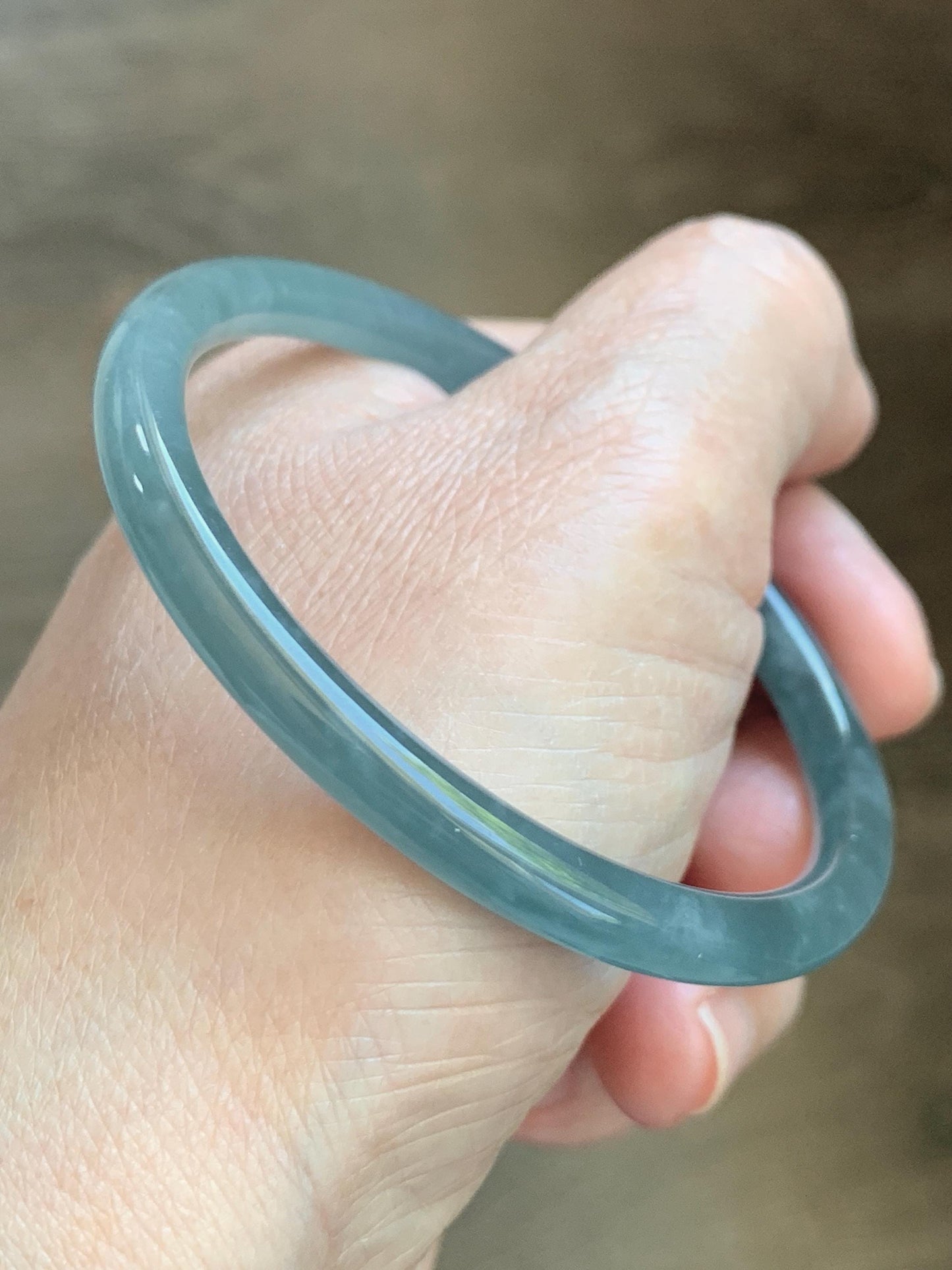 Certified Natural Grade A Guatemalan Icy Translucent Light Dusty Teal Blue Jade Jadeite Slim Bangle 55.88mm 6.9” 17.3g 天然冰胶危浅蓝绿翡翠细圆条手镯 1209
