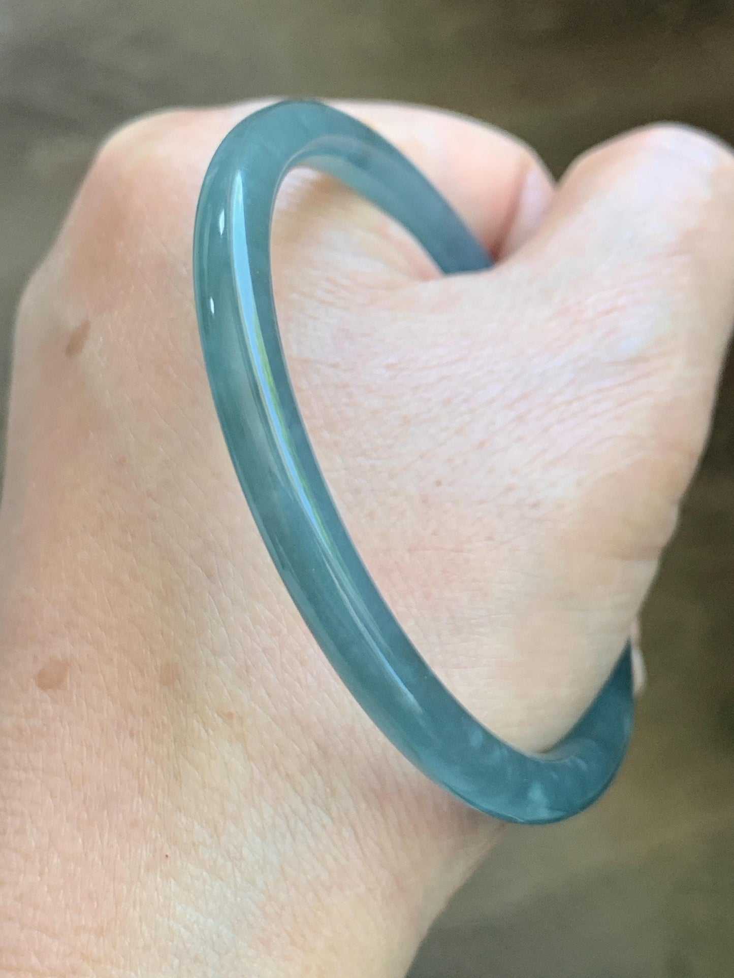 Certified Natural Grade A Guatemalan Icy Translucent Light Dusty Teal Blue Jade Jadeite Slim Bangle 55.88mm 6.9” 17.3g 天然冰胶危浅蓝绿翡翠细圆条手镯 1209