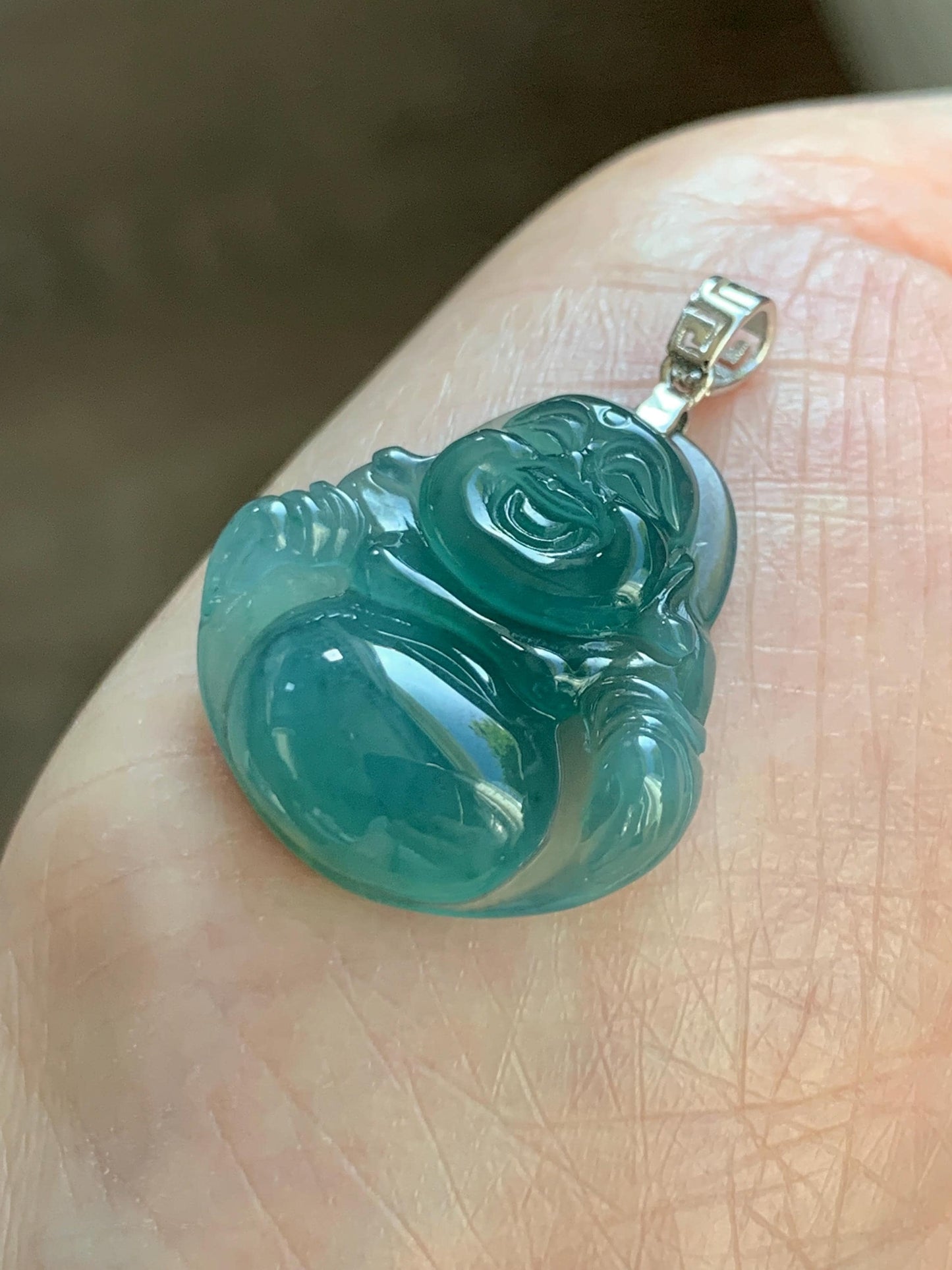 Natural Grade A Guatemalan Icy Highly Translucent Intense Teal Jade Jadeite Buddha Pendant Sterling Silver 天然冰危蓝绿翡翠佛公吊坠 WFG140A