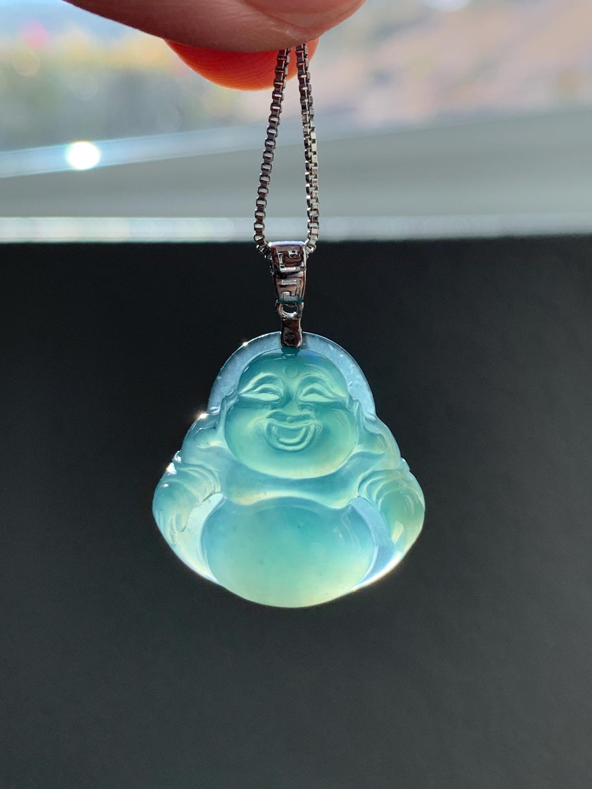 Natural Grade A Guatemalan Icy Highly Translucent Intense Teal Jade Jadeite Buddha Pendant Sterling Silver 天然冰危蓝绿翡翠佛公吊坠 WFG140A
