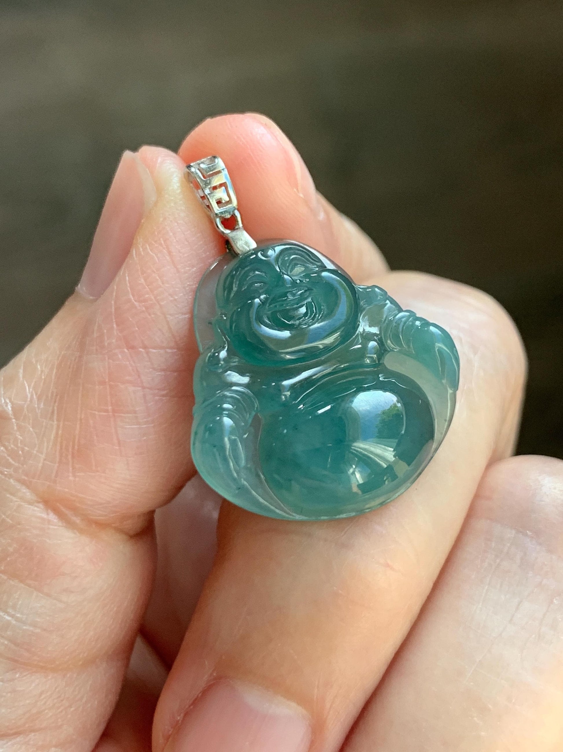 Natural Grade A Guatemalan Icy Highly Translucent Intense Teal Jade Jadeite Buddha Pendant Sterling Silver 天然冰危蓝绿翡翠佛公吊坠 WFG140A