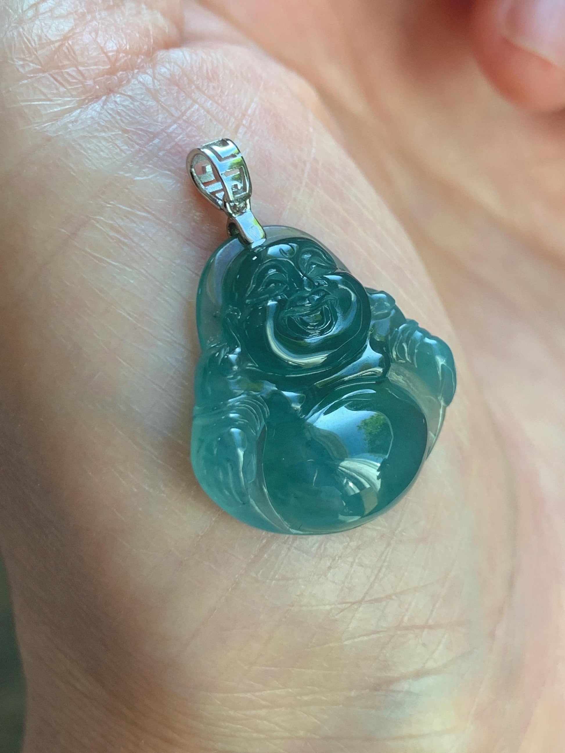 Natural Grade A Guatemalan Icy Highly Translucent Intense Teal Jade Jadeite Buddha Pendant Sterling Silver 天然冰危蓝绿翡翠佛公吊坠 WFG140A