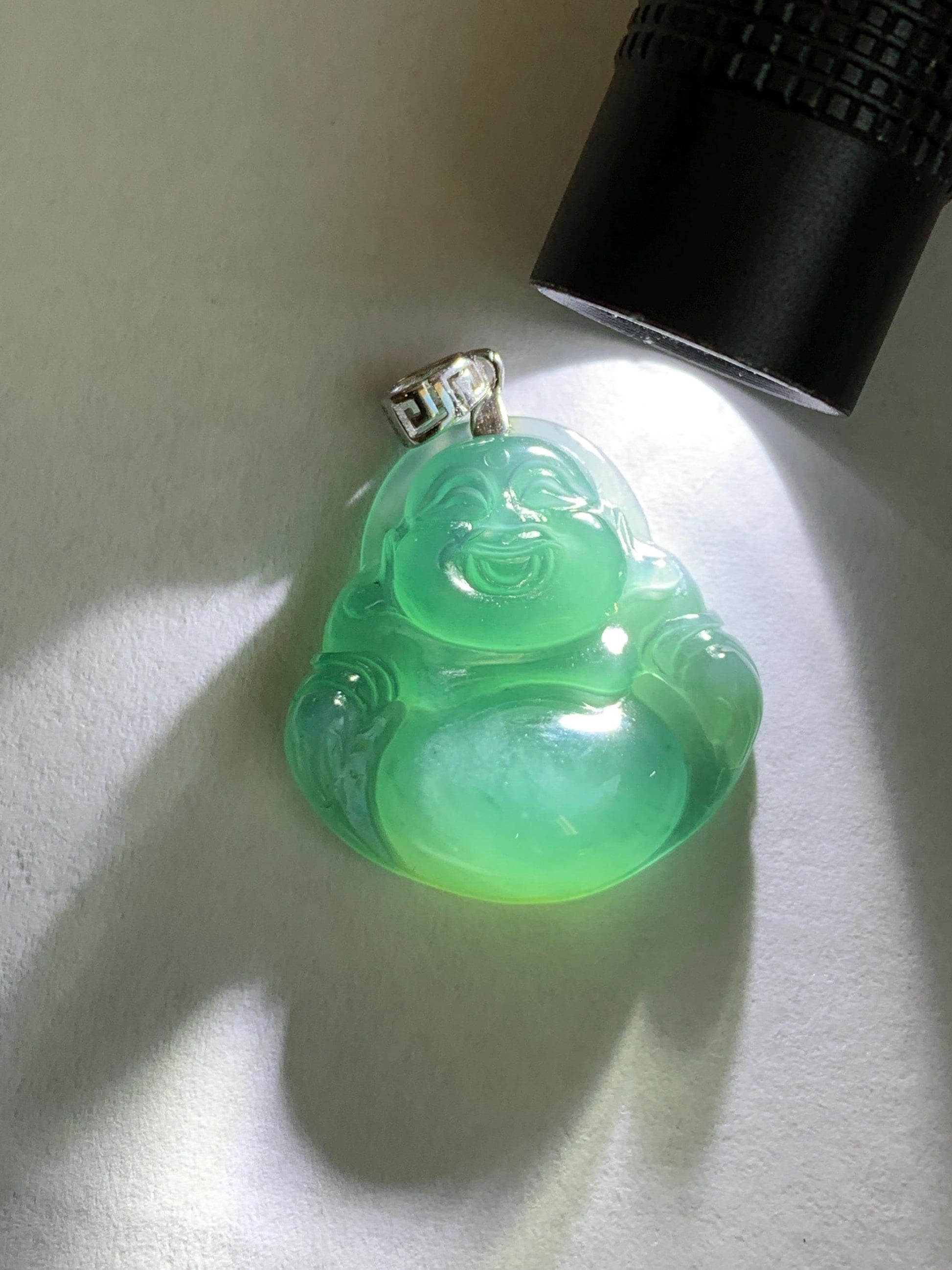 Natural Grade A Guatemalan Icy Highly Translucent Intense Teal Jade Jadeite Buddha Pendant Sterling Silver 天然冰危蓝绿翡翠佛公吊坠 WFG140A