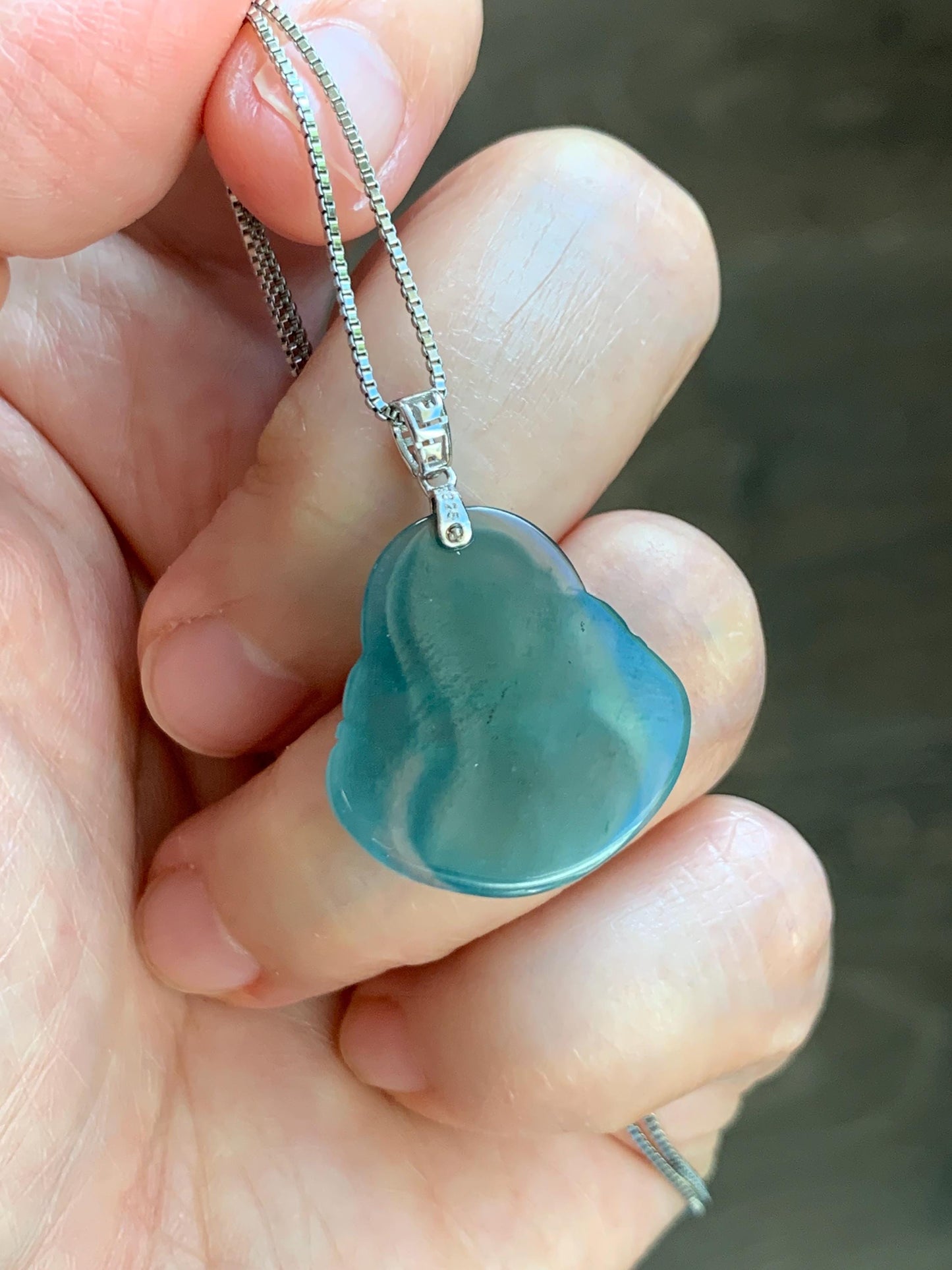Natural Grade A Guatemalan Icy Highly Translucent Intense Teal Jade Jadeite Buddha Pendant Sterling Silver 天然冰危蓝绿翡翠佛公吊坠 WFG140A