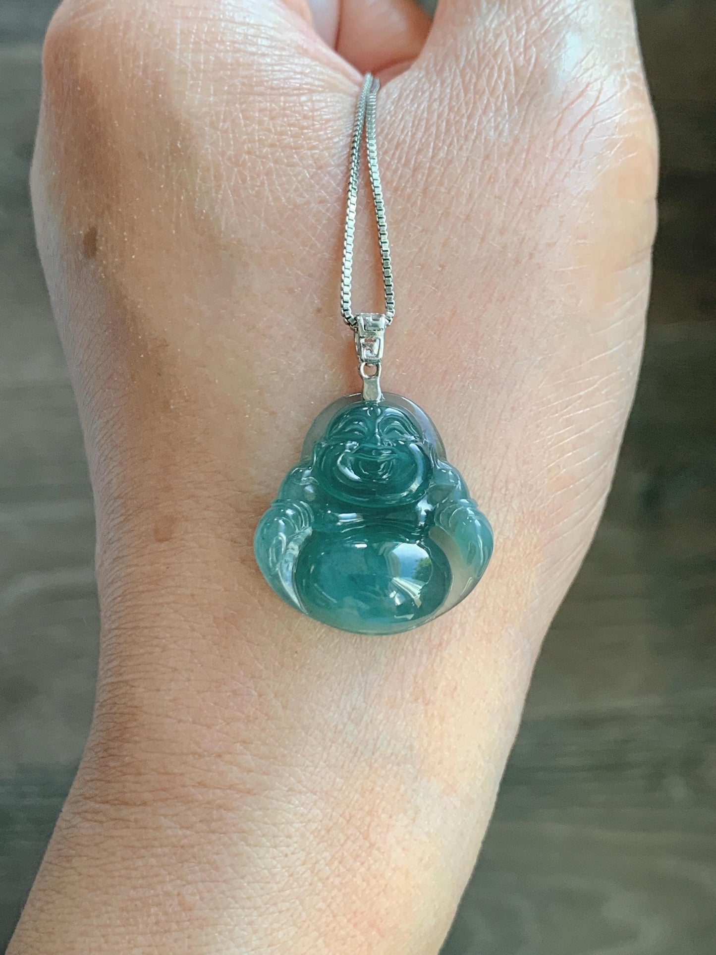 Natural Grade A Guatemalan Icy Highly Translucent Intense Teal Jade Jadeite Buddha Pendant Sterling Silver 天然冰危蓝绿翡翠佛公吊坠 WFG140A