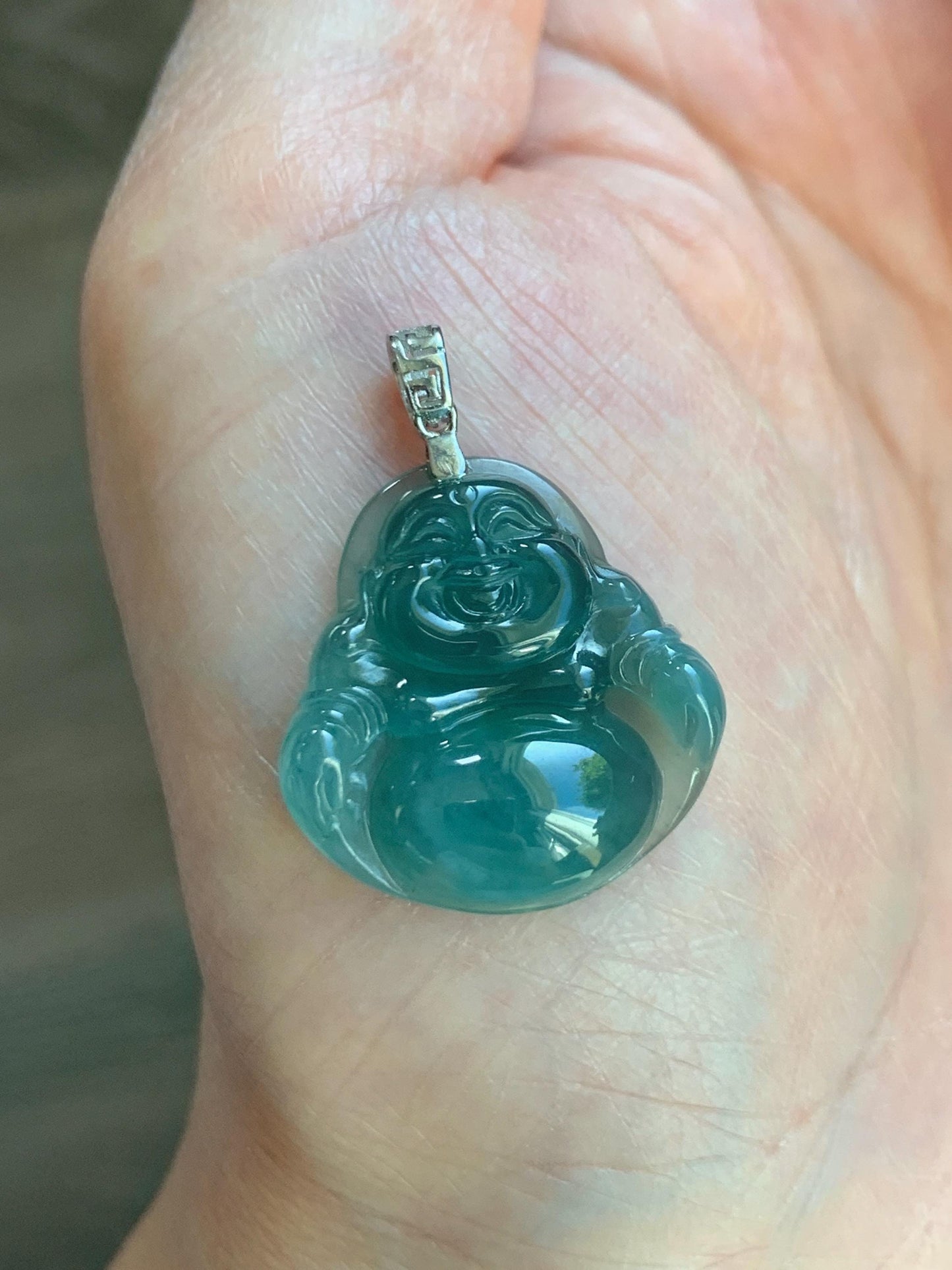 Natural Grade A Guatemalan Icy Highly Translucent Intense Teal Jade Jadeite Buddha Pendant Sterling Silver 天然冰危蓝绿翡翠佛公吊坠 WFG140A