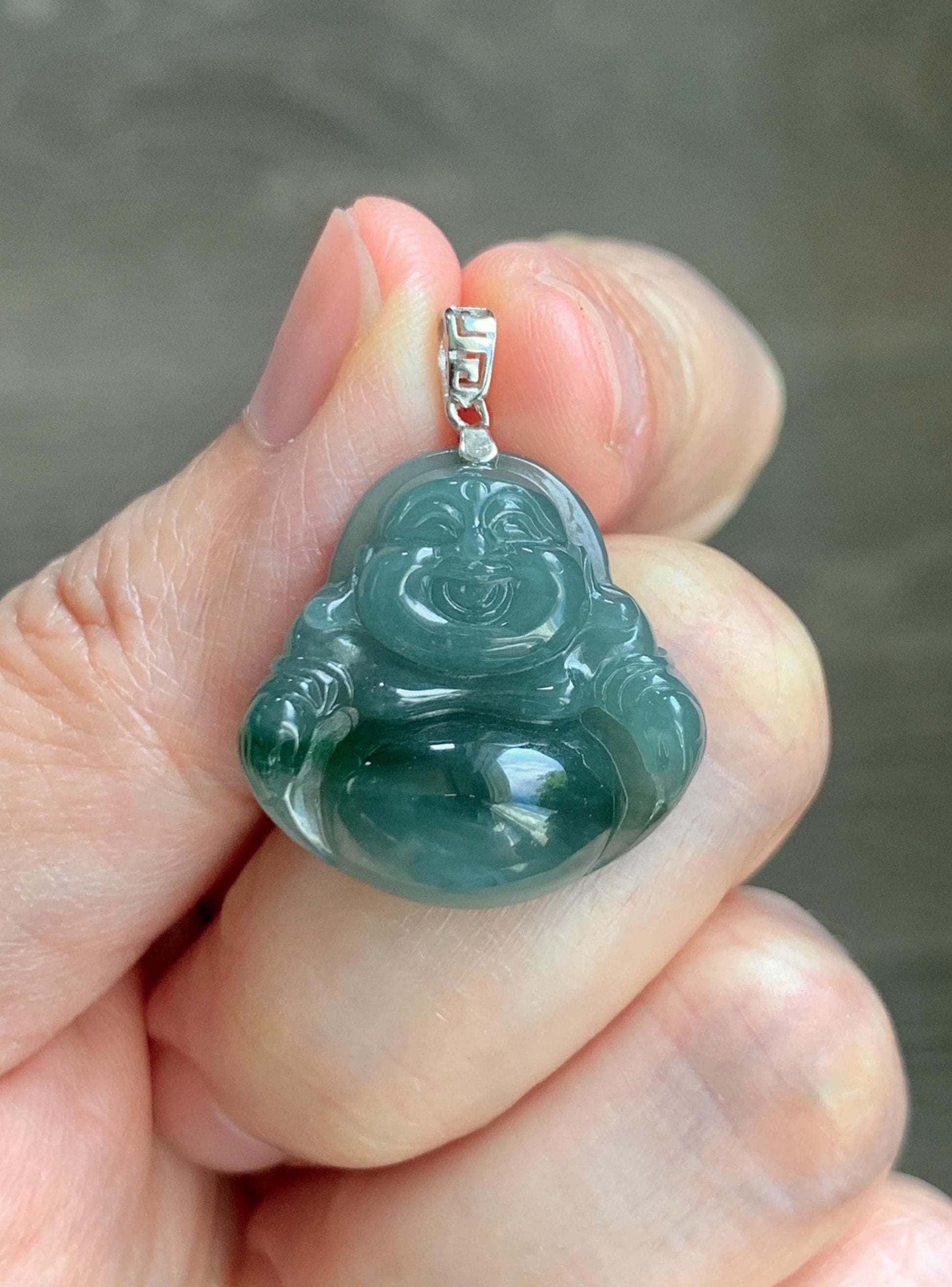 Natural Grade A Guatemalan Icy Translucent Dark Dusty Teal Green Marbled Jade Jadeite Buddha Pendant Sterling Silver 天然冰危深蓝绿翡翠佛公吊坠 WFG140B