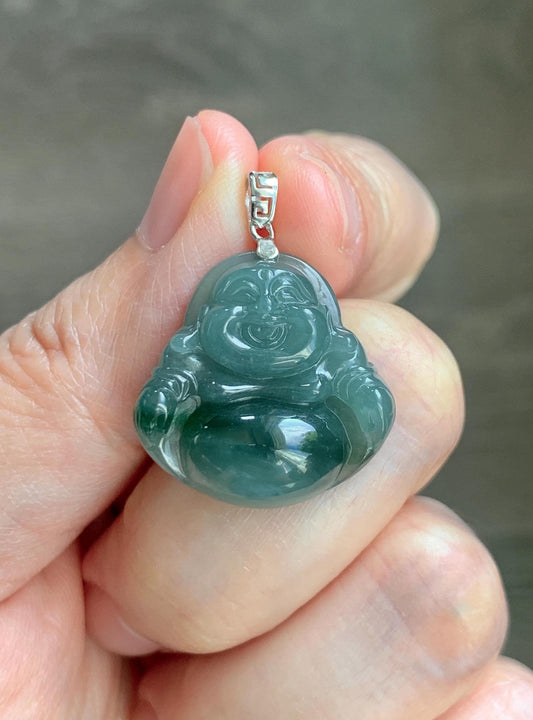 Natural Grade A Guatemalan Icy Translucent Dark Dusty Teal Green Marbled Jade Jadeite Buddha Pendant Sterling Silver 天然冰危深蓝绿翡翠佛公吊坠 WFG140B