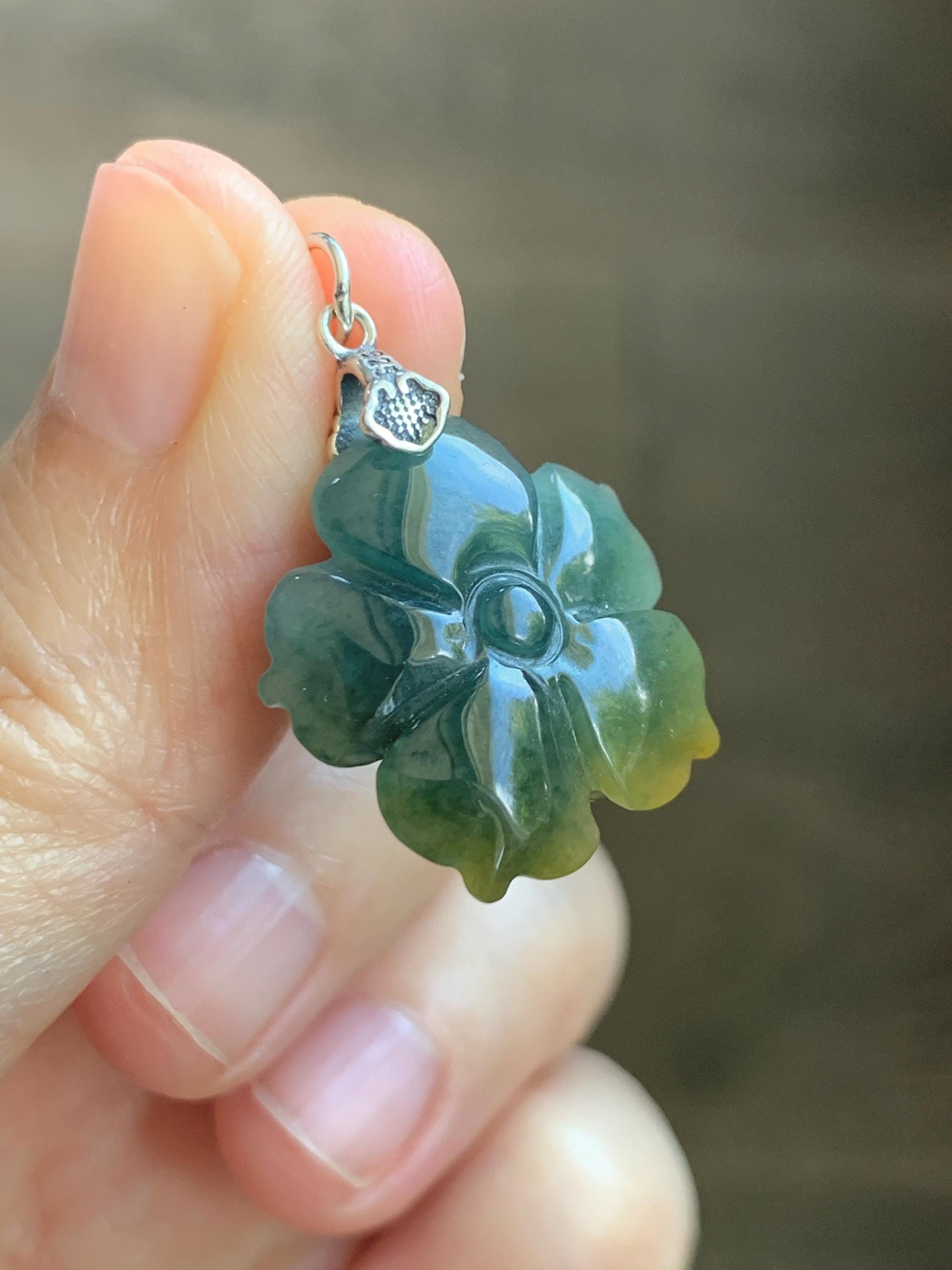 Natural Grade A Guatemalan Icy Dark Dusty Blue Yellow Marbled bicolored Jade Jadeite Lotus Flower Pendant Sterling Silver 天然冰危蓝黄翡翠莲花吊坠MSL132